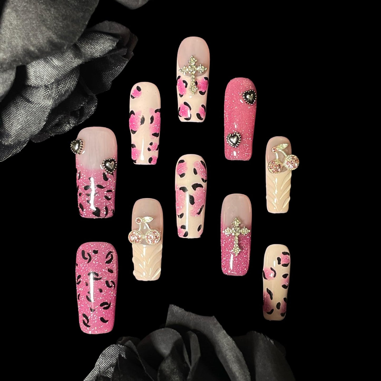 Handmade Press On Nails Pink Leopard Print Design Medium/Long Square Cherry Charms, Glitter Ombre Artificial Acrylic Thick False Nails (Sparkle, L)