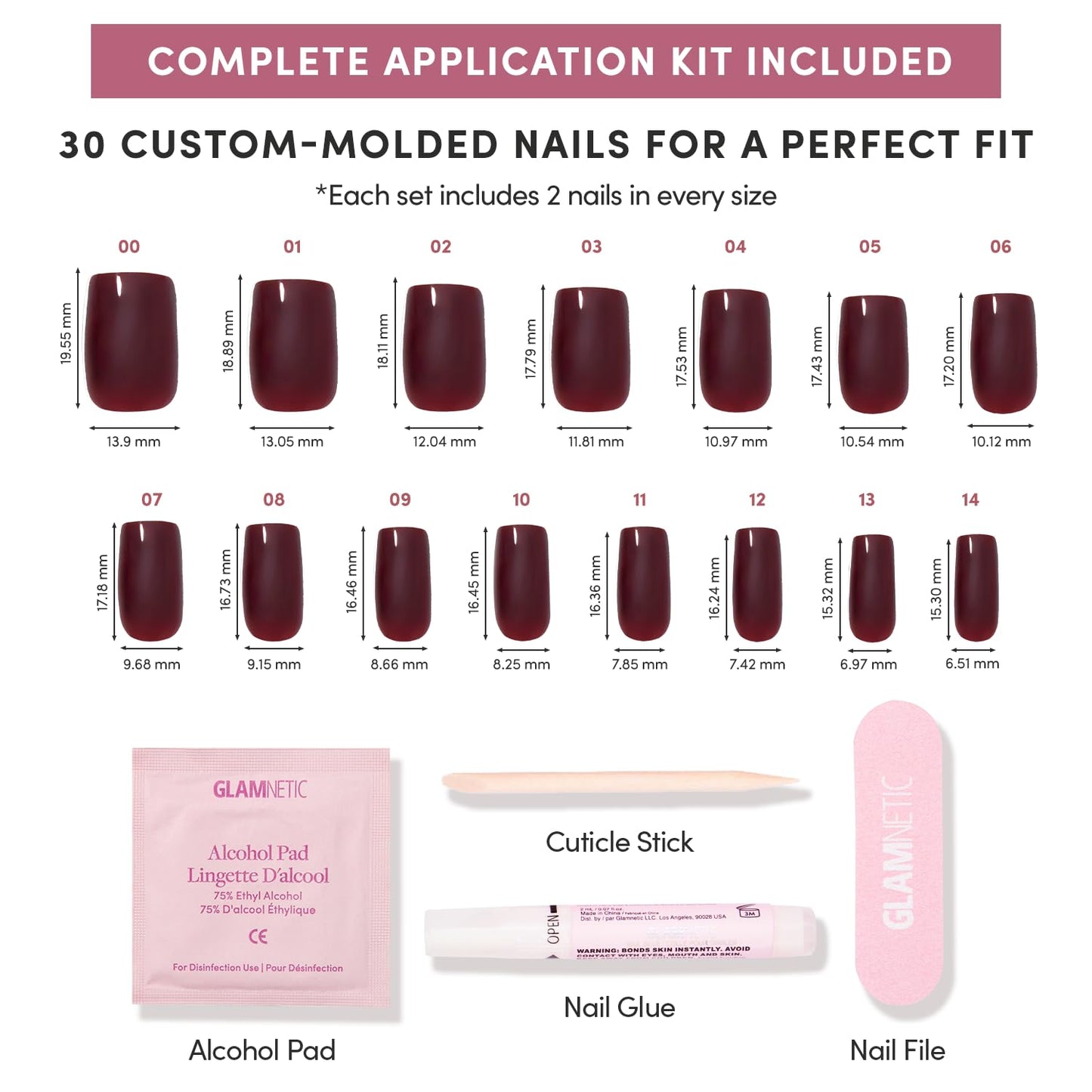 Glamnetic Press-On Nails Bundle - Burgundy Chrome, Cherry Mocha & Red Bottom | Short Almond Fake Nails with a Metallic Chrome Finish | Dark Red Medium Square Fake Nails with a Glossy Finish | Red Acce