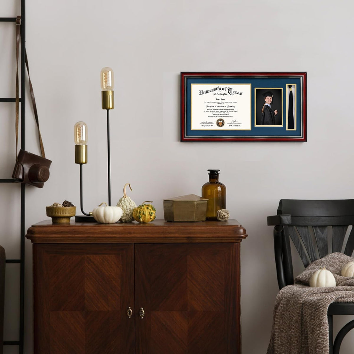 GraduationMall 11x22 Cherry Diploma Frame with Tassel Holder and Picture for 8.5x11 Certificate 5x7 Photo,Tempered Glass,Navy Blue over Gold Mat