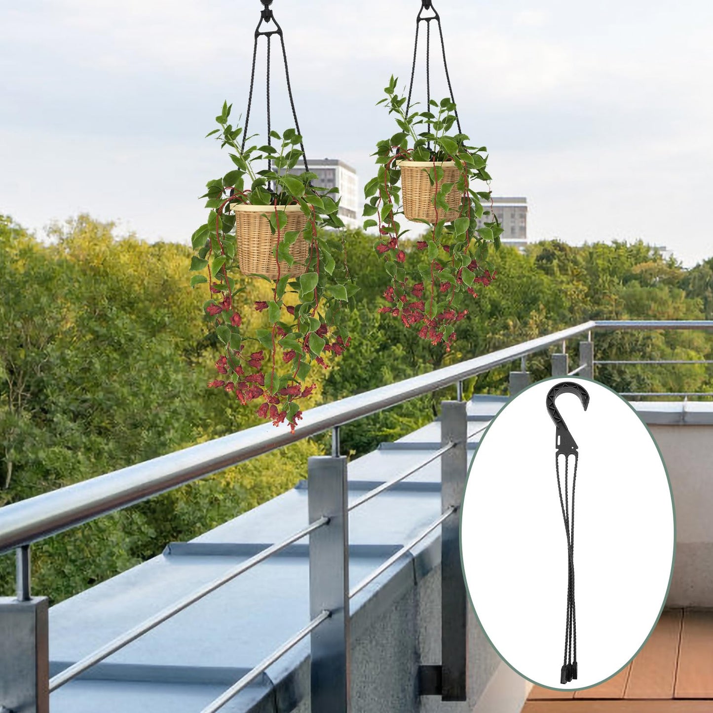 DRESSOOS 5pcs 40cm Black Plastic Hanging Basket Hooks with 360° Rotatable Swivel for Outdoor Garden Flower Pot Hangers and Potted Plant Support Tools