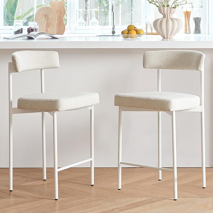 Beige Modern Bar Stools Set of 2, 24 Inch Counter Stools with Curved Backrest, Counter Height Bar Stools for Kitchen Island
