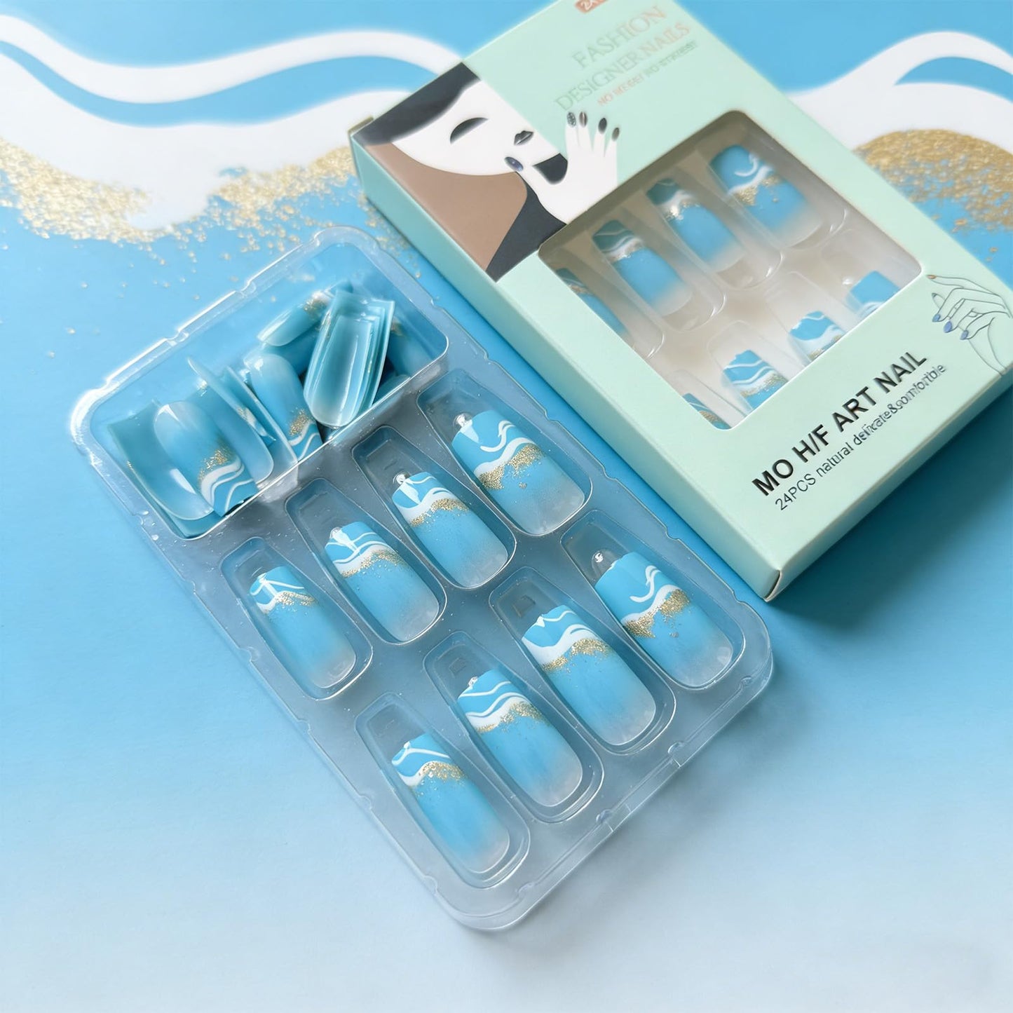Beach Press on Nails Medium Square Blue Wave Fake Nails Gradient False Nail with Glitter Design Glossy Full Cover Stick on Nail Reusable Artificial Summer Nails for Women Manicure 24Pcs