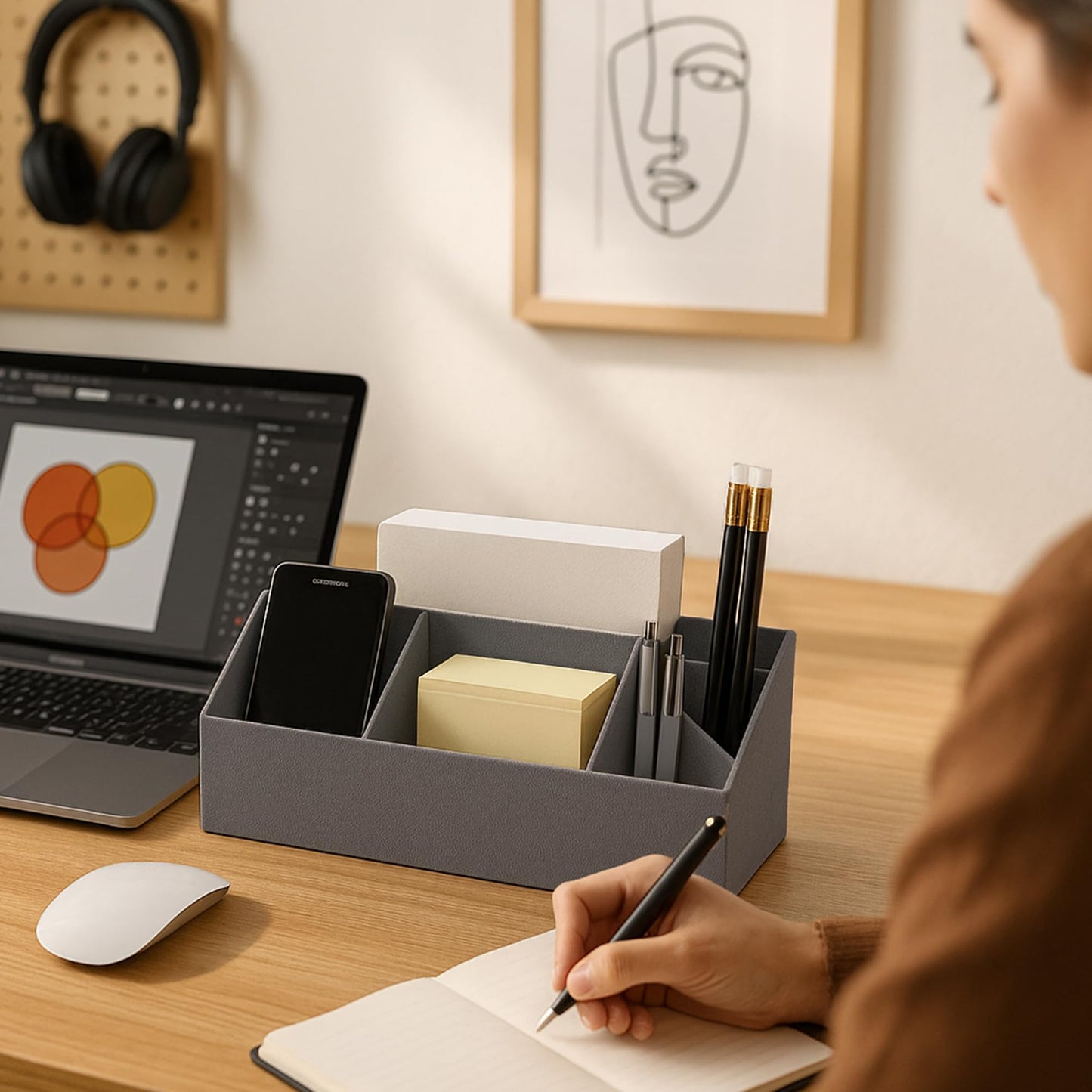 Bigso Elisa Desktop Organizer, Durable Office Desk Organizer for Office Supplies and Accessories, Desk Organizer with 7 Compartments for Customizable Organization,13.1”x4.9”x4.9”, Grey