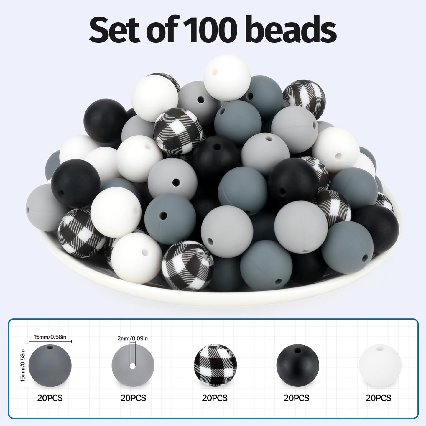 SALUOKE 100 Pcs 15mm Silicone Beads for Keychain Making, Pink Gream Silicone Beads Bulk Round for Bracelets Pens Crafts Jewelry Making (Black White)