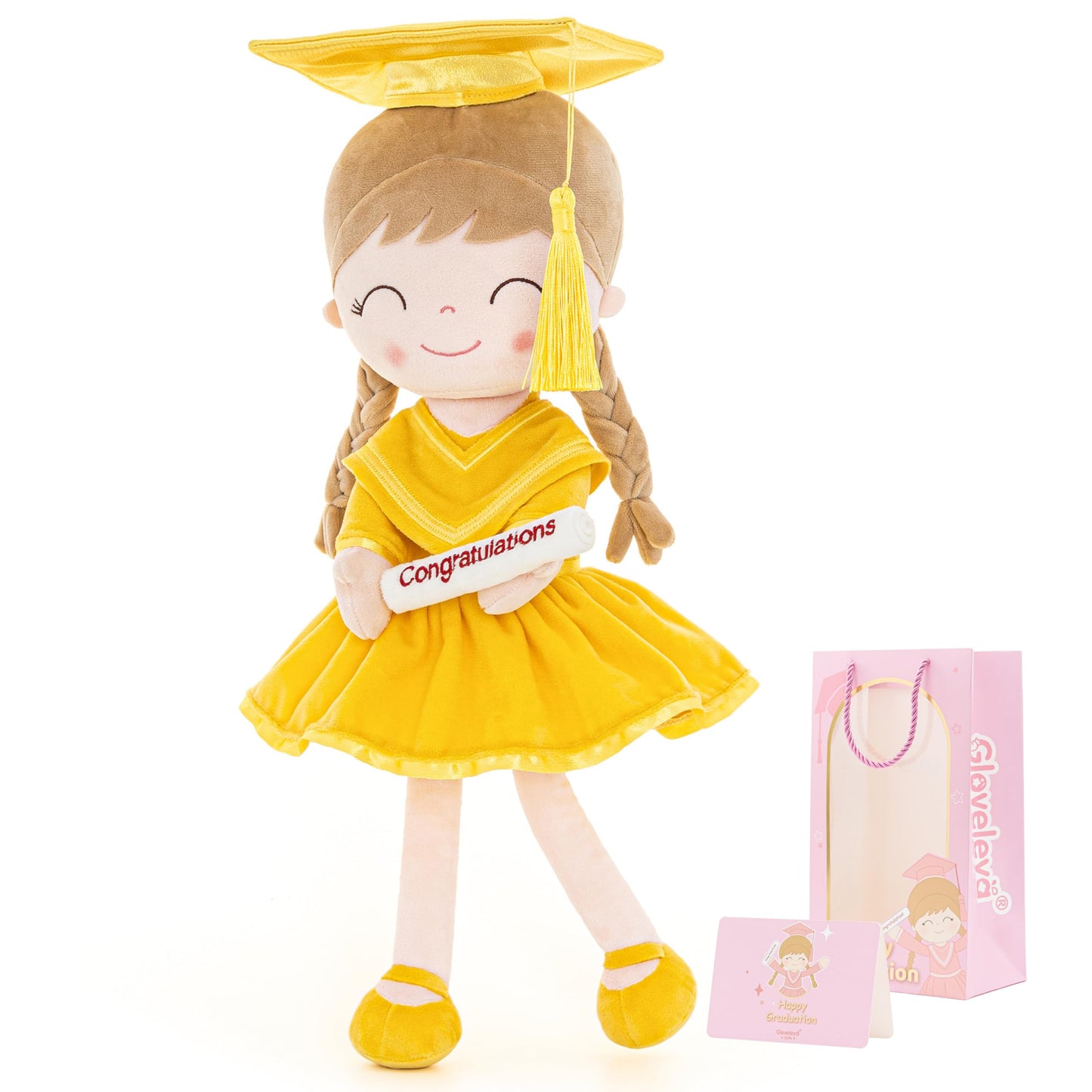 Gloveleya 16" Yellow Graduation Doll - Bright & Cheerful Plush Toy with Cap & Gown - Preschool Kindergarten Graduation Gift for Daughter, Class of 2026