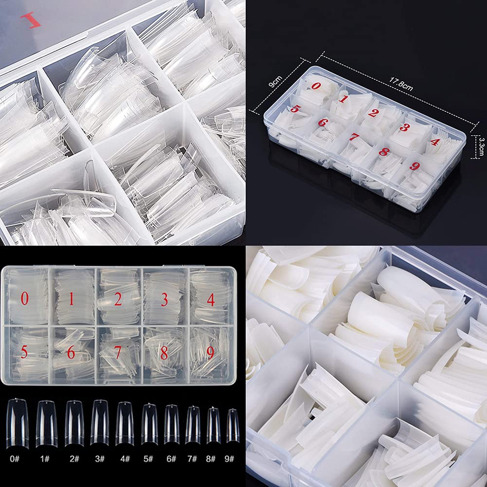 Acrylic Nail Tips 500pcs Natural and 500pcs Clear Half Cover Artificial Natural French False Nails 10 Sizes with Box for Salons and Home DIY