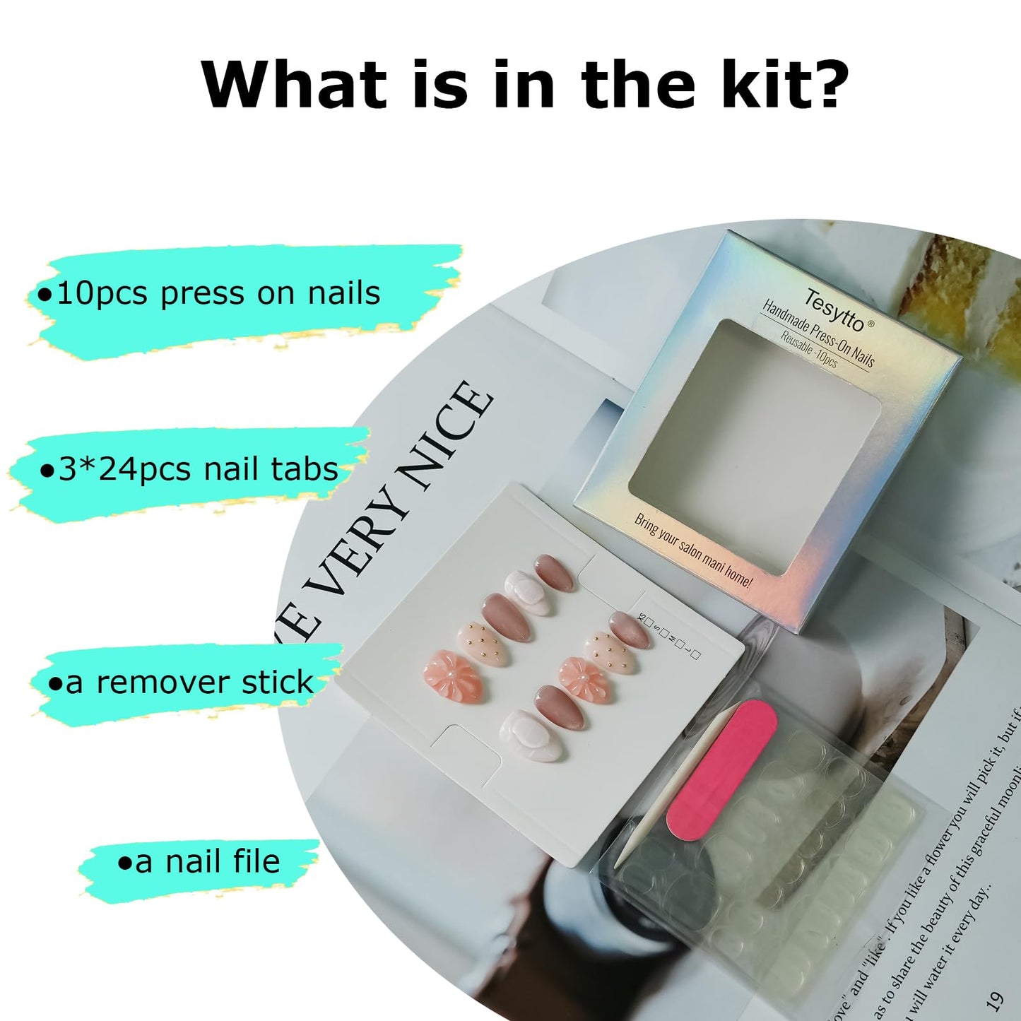Tesytto Nude Pink Press on Nails Short Almond Cat Eye Fake Nails with 3D Sleek Water Drop Design Glossy Finish Glitter Full Cover Acrylic Nails (Ice Flowers,S)