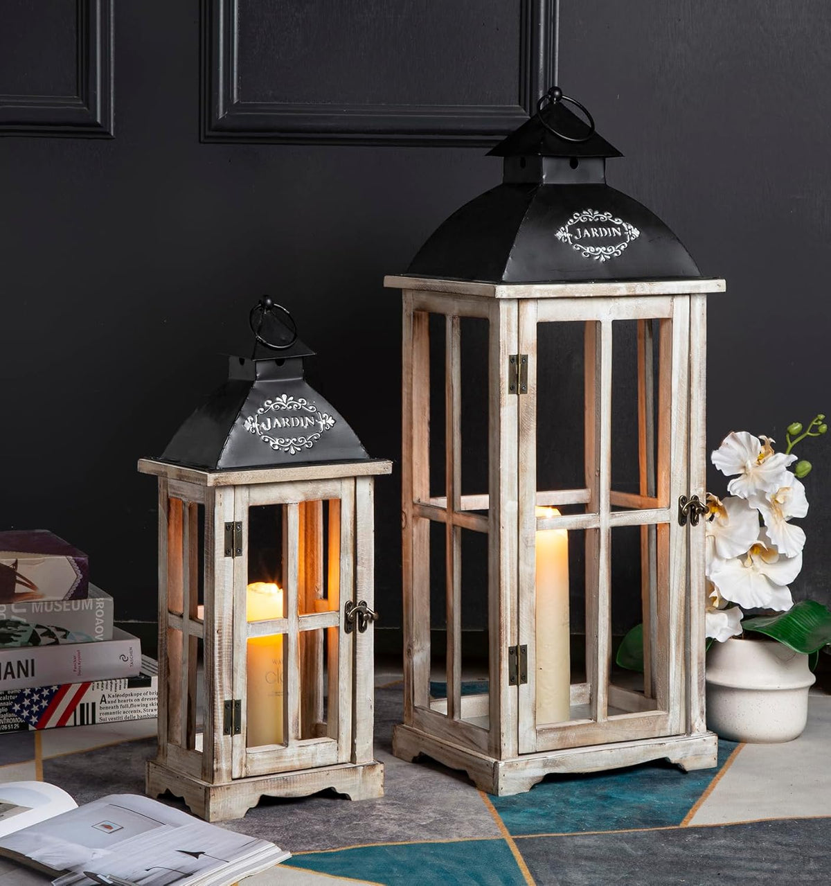 Set of 2 Large Decorative Wooden Metal Lanterns, Farmhouse Rustic Floor Candle Lanterns, Indoor/Outdoor Hanging Lanterns for Home Decor (No Glass)