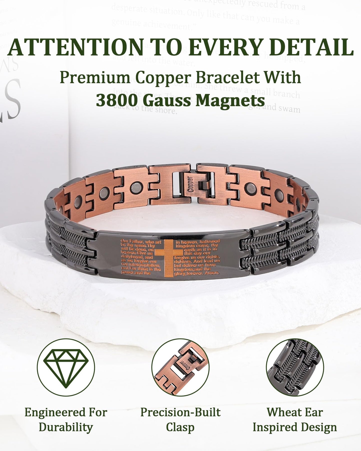 Fashtour Copper Cross Bracelet for Men, Ultra Strength Magnetic Jewelry, Rice-Ear Design Adjustable Copper Biblical Cross Bracelet with Sizing Tool & Box (Black)