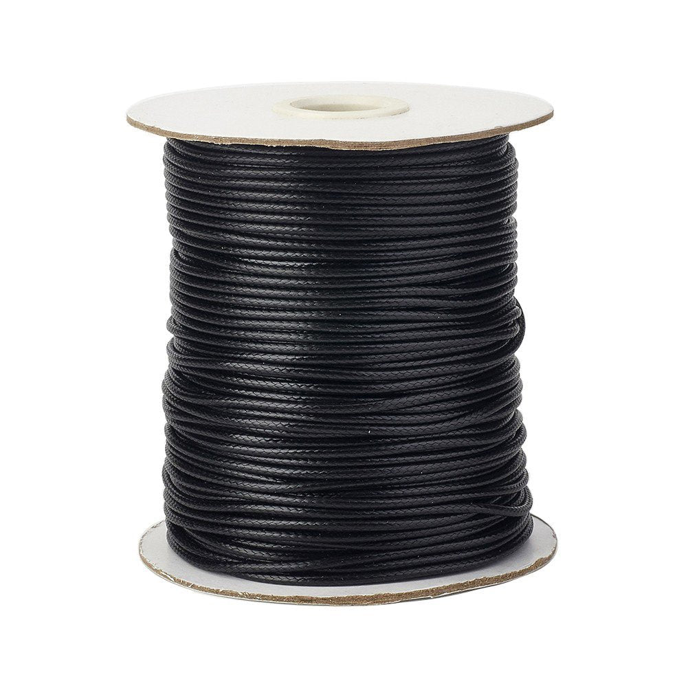 Pandahall 1Roll/91m/100Yards 2mm Waxed Polyester Cord Thread Beading String with Spool for Braided Bracelets Jewelry Making Macrame Supplies Black