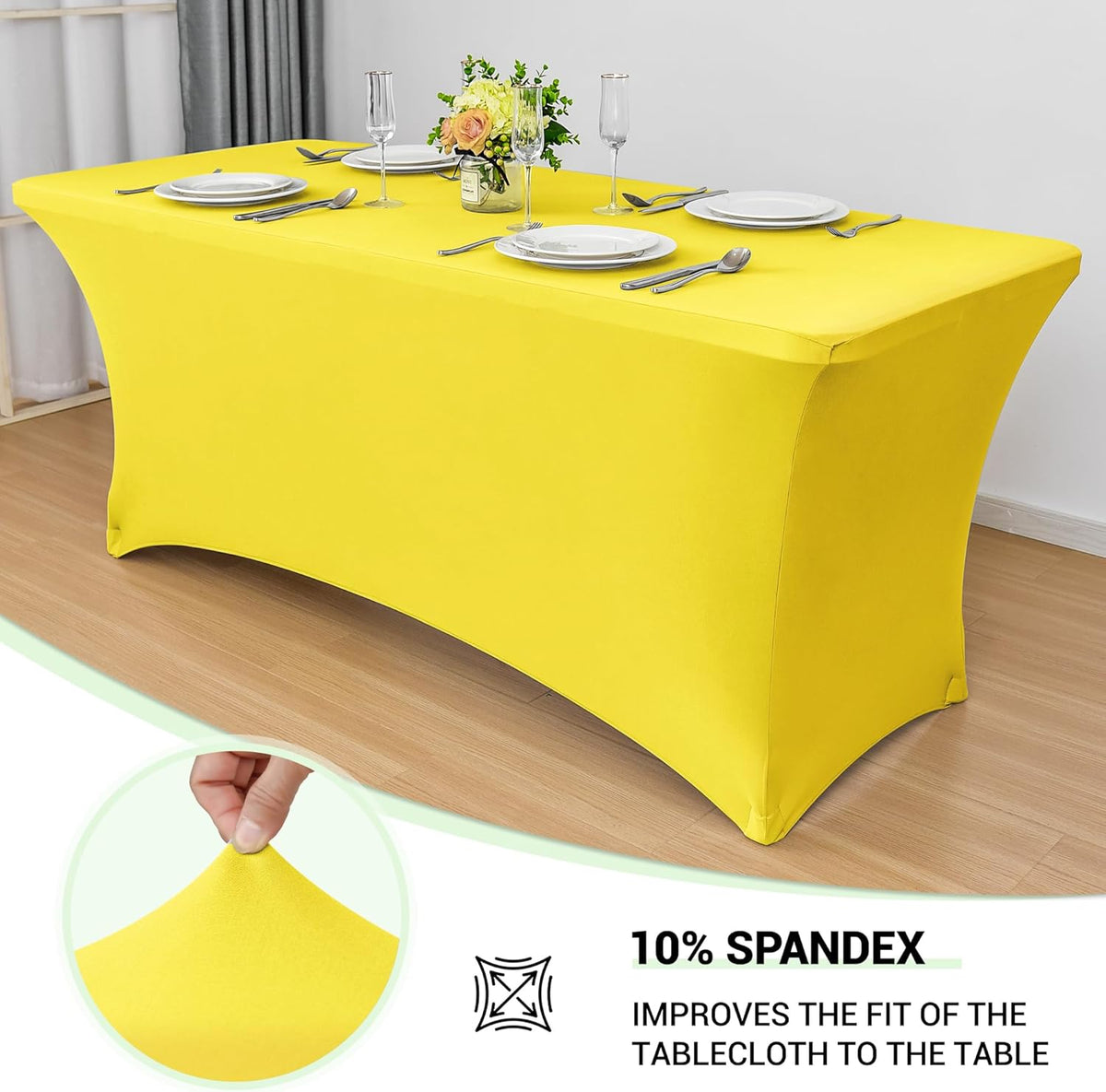 Obstal 8Ft Stretch Spandex Table Cover for Standard Folding Tables - 2 Pack Universal Rectangular Fitted Tablecloth for Party, Banquet, Events, Trade Show (Yellow, 96L x 30W x 30H Inches)