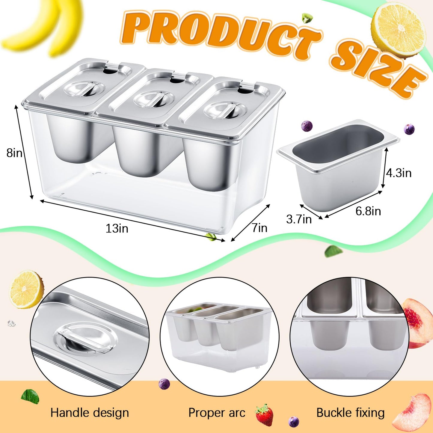 Singhoow 3 Containers Ice Chilled Condiment Caddy 30.5 oz Stainless Steel Serving Dish with Lids (3.75 Cup) for Bar Cold Accessories Hummus Fruit Salad Sauces Party Restaurant Serving Supply