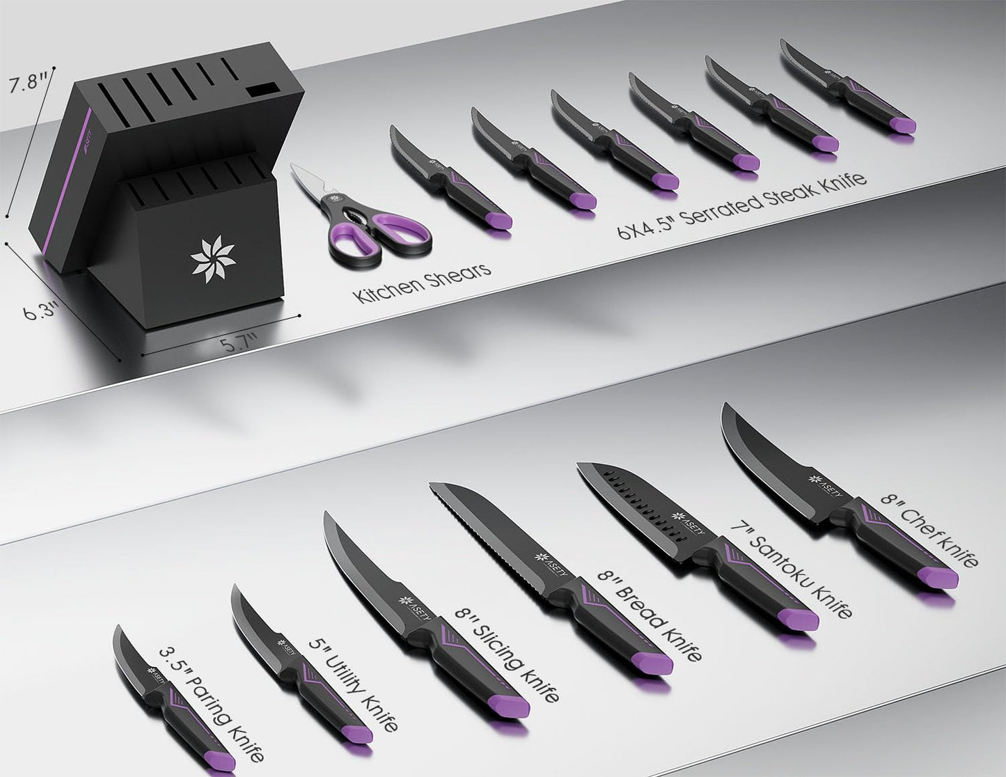 Knife Set - 15 PCS Kitchen Knife Set with Built-in Knife Sharpener Block - Stainless Steel Knife Block Set - Dishwasher Safe, Elegant Box for Men Women, Mothers Day