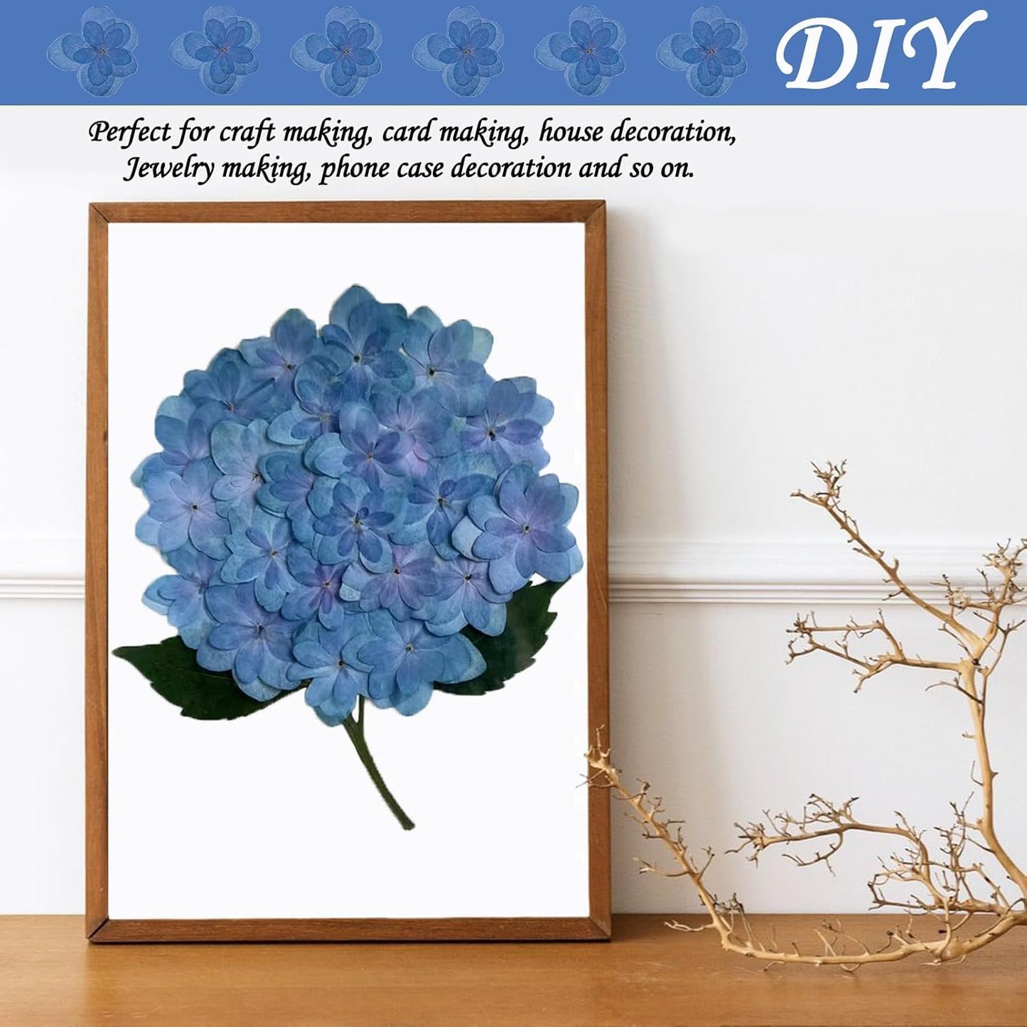 ALJ Blue Dried Flowers Double Hydrangea for Resin Crafts Embellishments, 60PCS Natural Pressed Flowers for Resin Jewelry DIY Phone Case Decor Candle Making Decoration