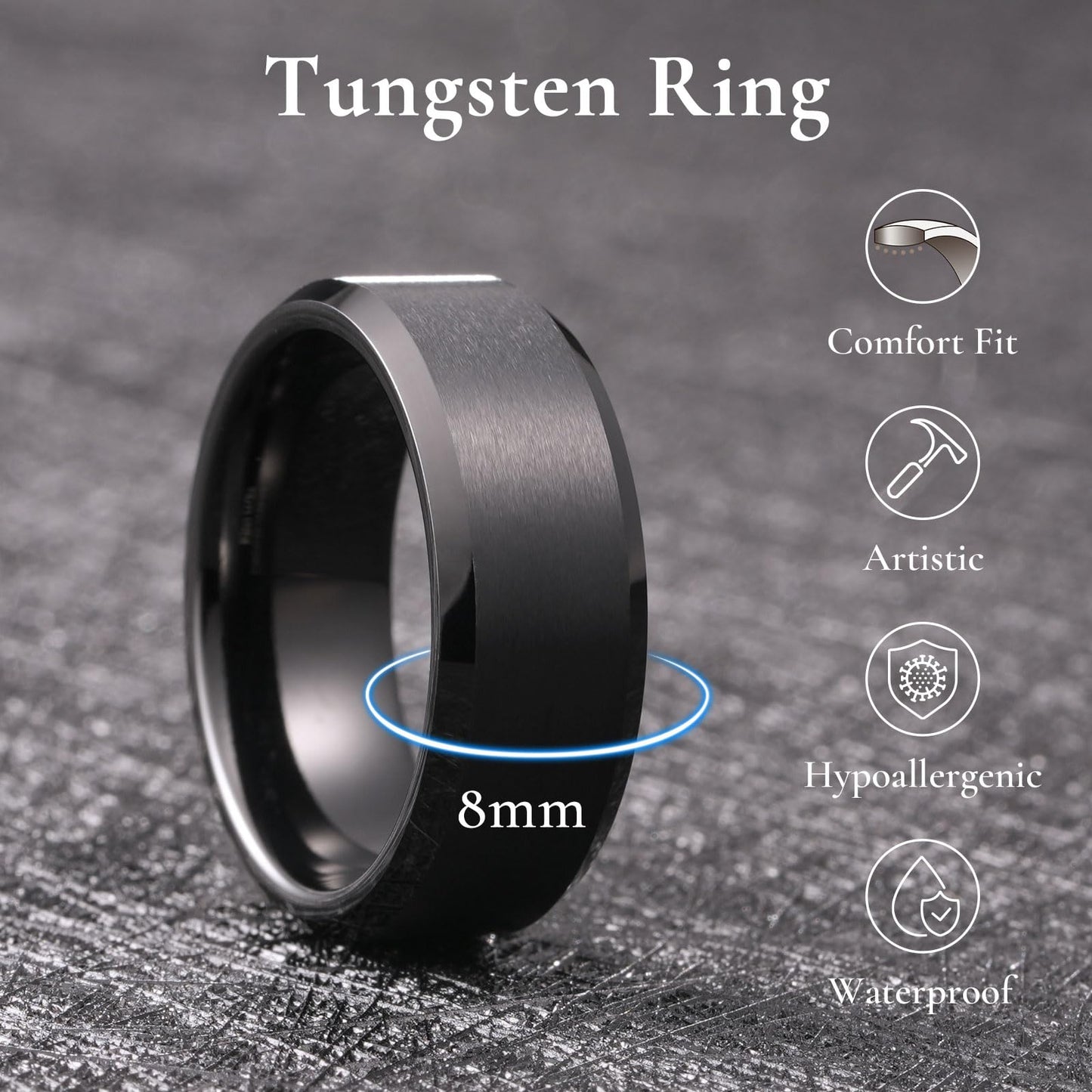 King Will 8mm Men's Black Tungsten Wedding Ring - Brushed Matte Surface, Beveled Polished Edge, 2 Pcs Comfort Fit Size 9.5 + 10