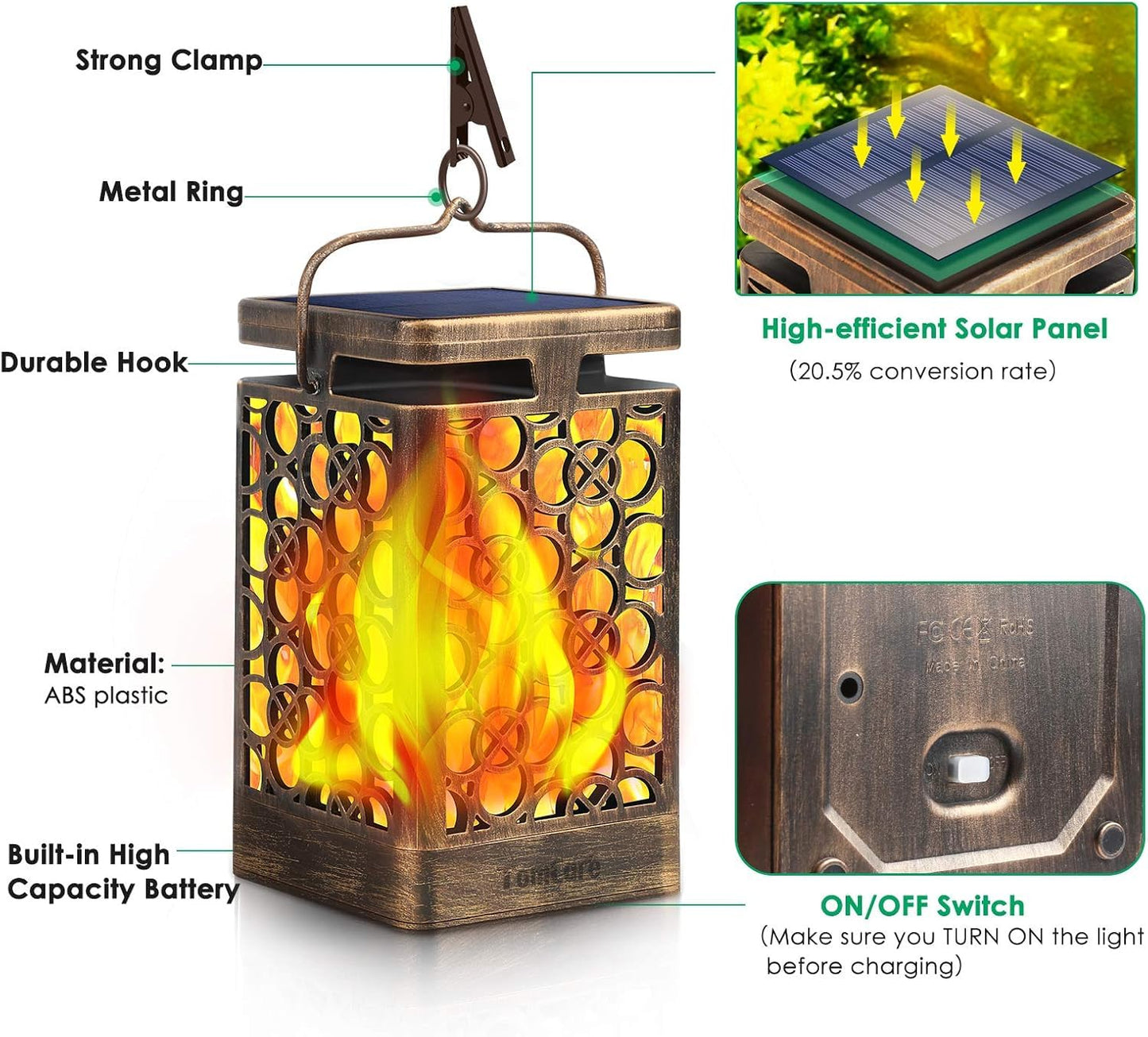 TomCare Solar Lights Upgraded Solar Lantern Flickering Flame Outdoor Hanging Lantern Decorative Lighting Solar Powered Waterproof LED Flame Umbrella Lights for Patio Garden Deck, 4 Pack(Bronze)