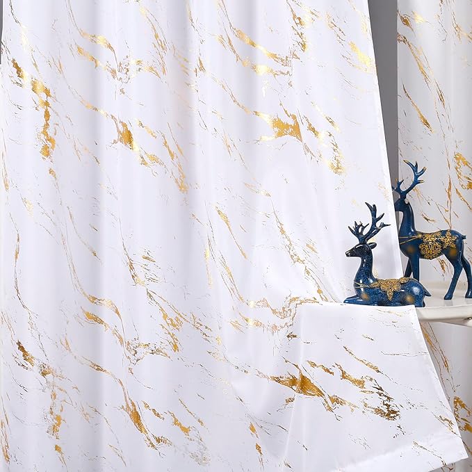 Taisier Home Gold Foil Print Linen Textured Curtains - Geometric Marble Pattern Design for Living Room - Light Filtering Window Treatment, 2 Panels, 72" L, White and Gold