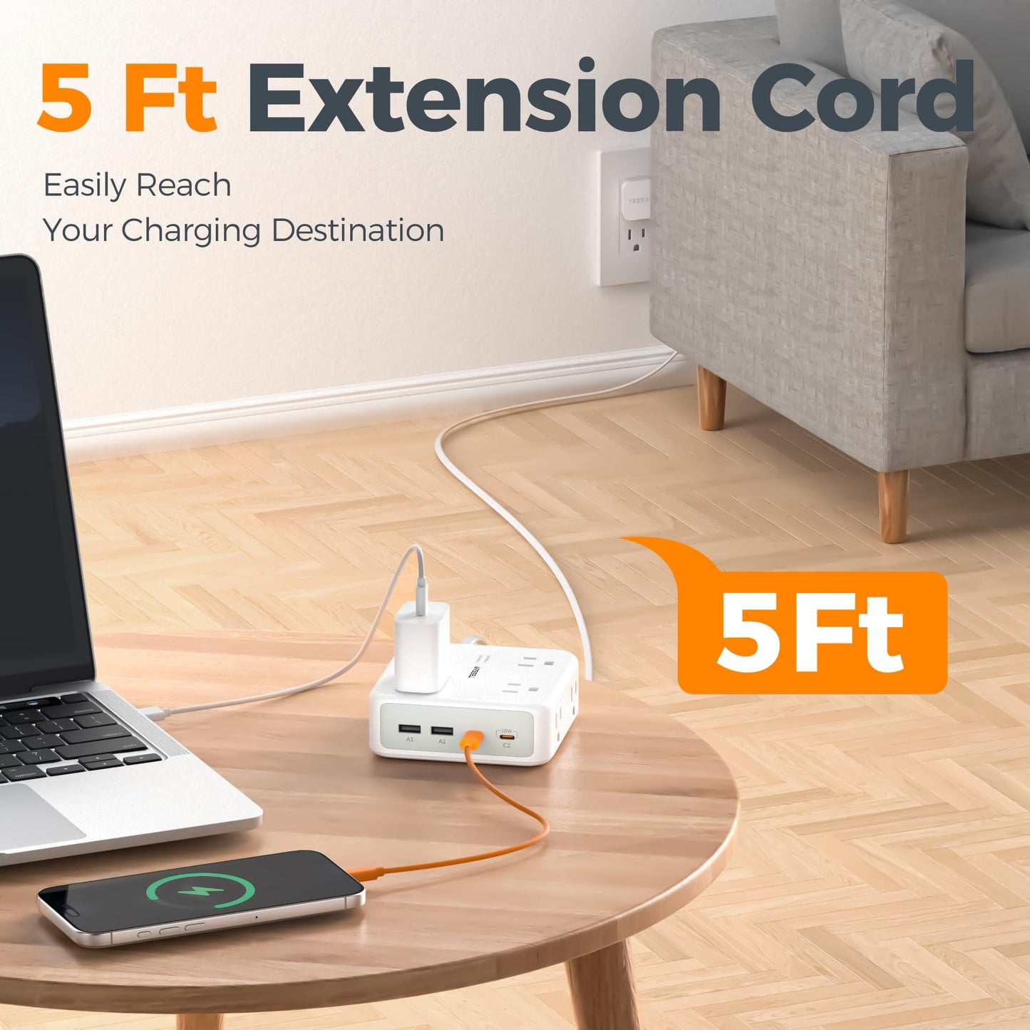 TESSAN Dual Surge Protector Power Strip, 5 Ft Extension Cord Flat Wall Plug with 4 USB (2 USB C) 8 Outlets, 2100J Surge Protection, 20W Multiple Charging Station for Home, Office, College, Dorm, Grey
