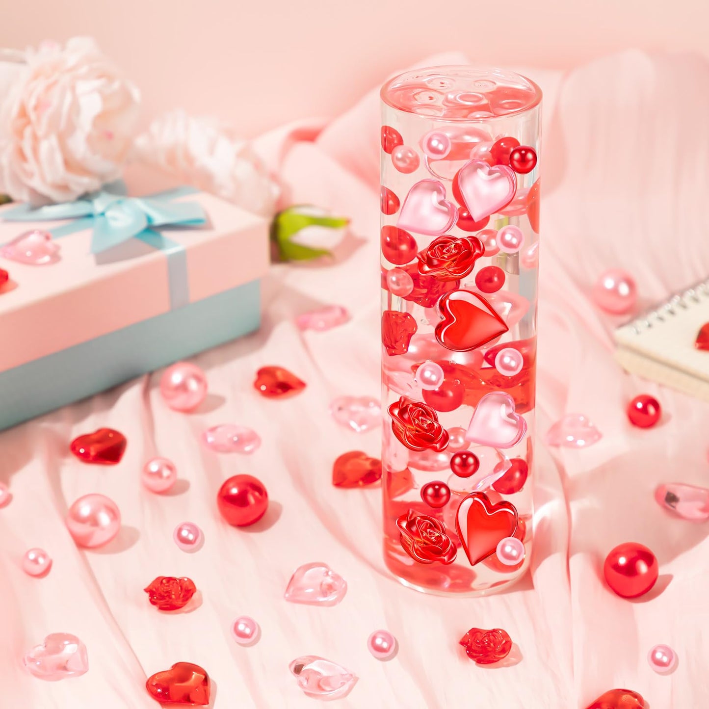 240Pcs Valentines Day Vase Filler, Pink Red Heart Rose Vase Filler Beads Floating for Wedding Decor Party Home Centerpieces