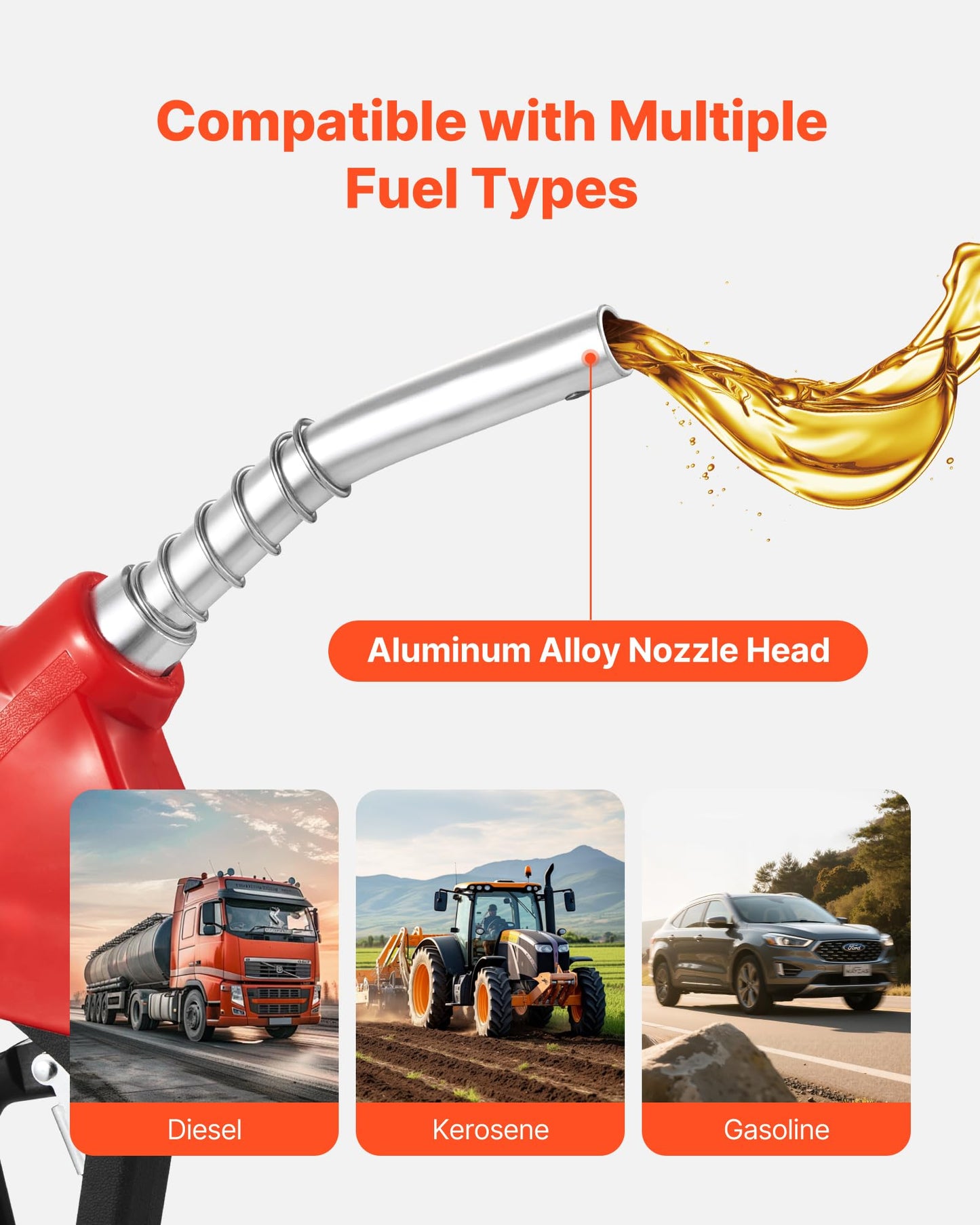VEVOR 3/4" NPT Automatic Fuel Nozzle with 20Ft hose, Max Rate 11.8 GPM, Auto Shut Off Diesel Gas Pump Nozzle with 3-Speed Trigger Lock & 13/16" (OD=20 mm) Spout for Gasoline, Diesel, Kerosene, Red
