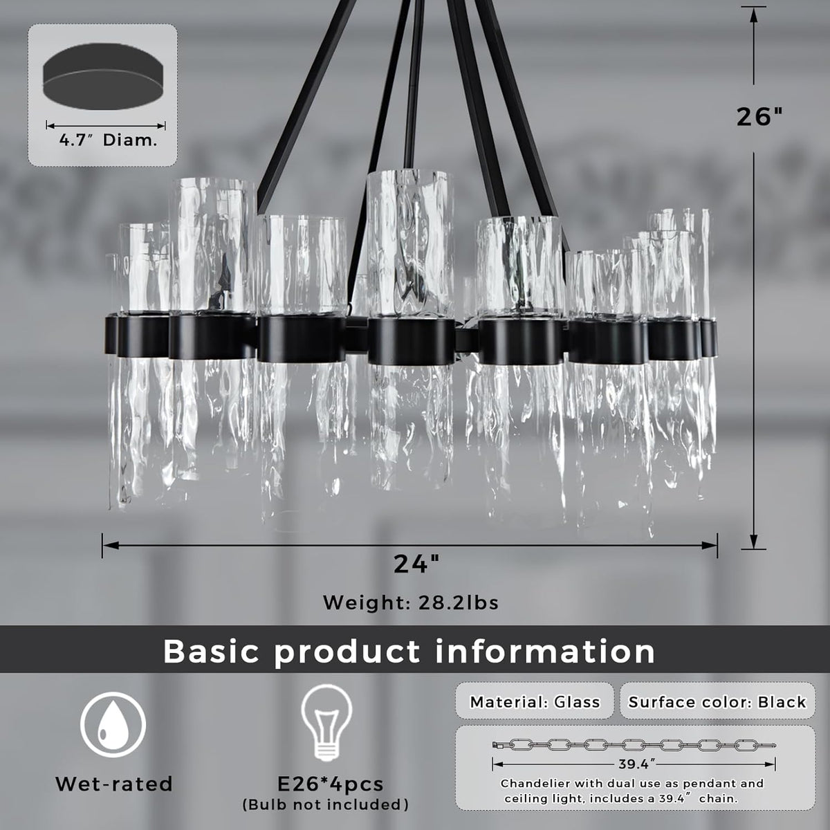 Round Black Glass Wagon Wheel Chandelier, Chandelier with Water Ripple Textured Recycled Clear Glass Piece, Modern Industrial Pendant Light with Metal Frame, Lighting Fixture for Living Room, Foyer