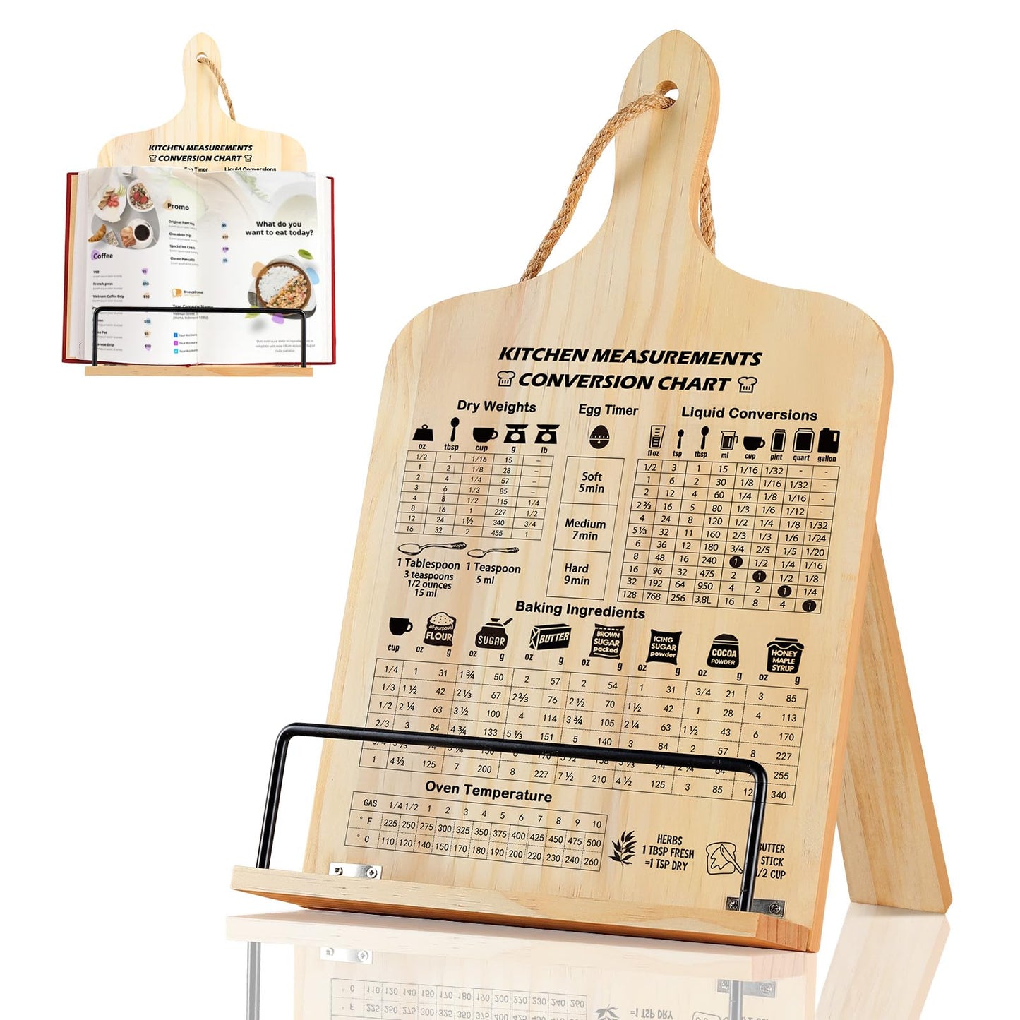 comfoyar Cookbook Stand for Kitchen Counter, Sturdy Recipe Book Holder with Adjustable Angle, Foldable Wood Cook Book Stand Holder with Measurement Conversion Chart for Baking, Easy Storage