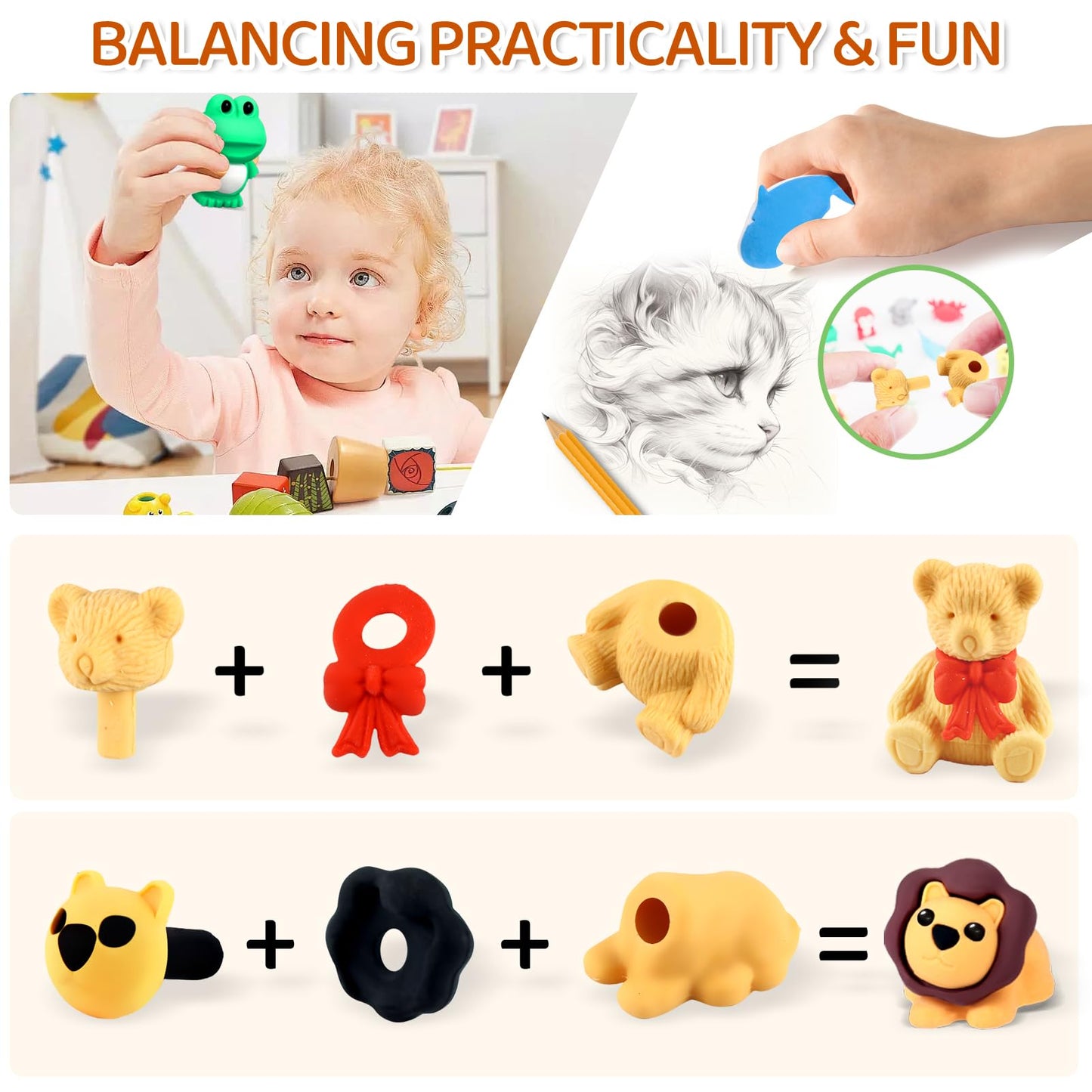 URSKYTOUS 131Pcs Animal Erasers Desk Pets for Kids Animal Pencil Erasers Bulk Puzzle Eraser Toys Gifts for Classroom Prizes,Game Reward,Treasure Box,Easter Egg Fillers,Goodie Bag Stuffer,Party Favors
