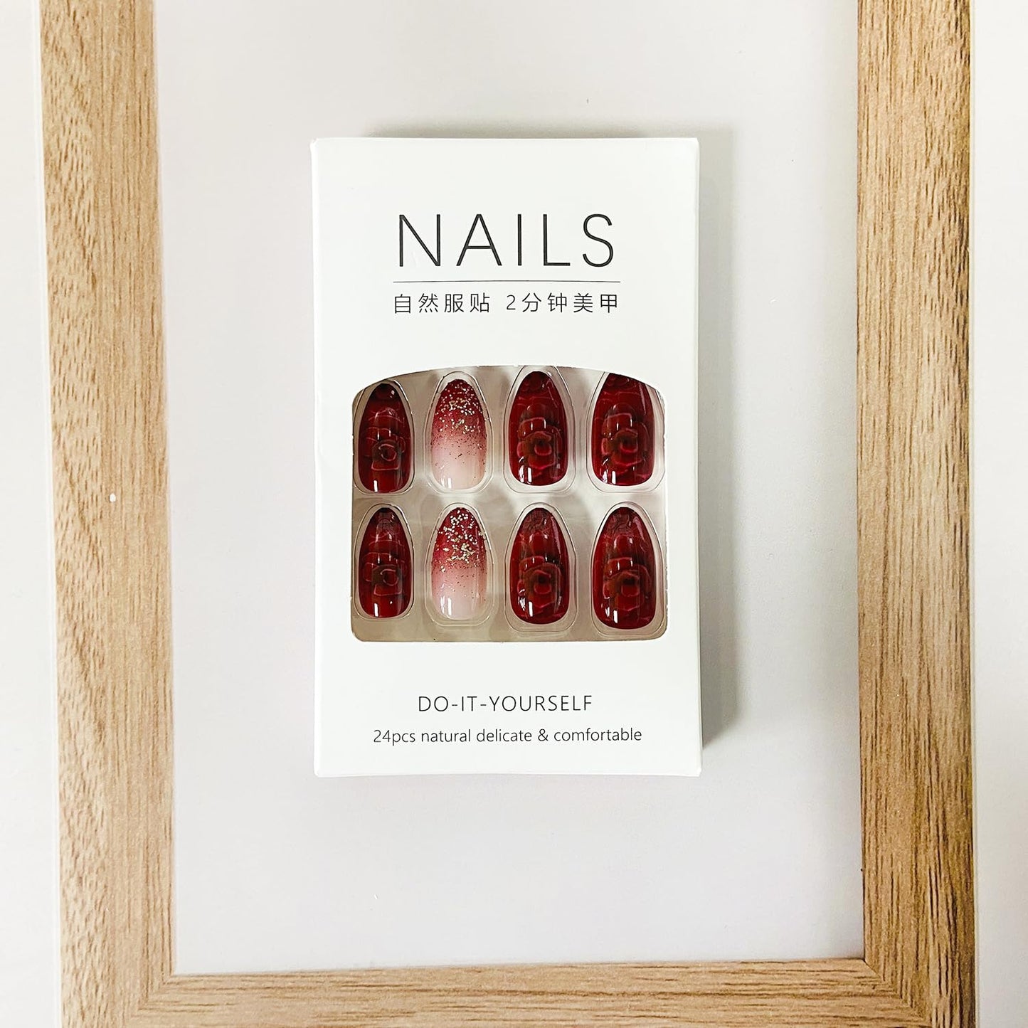 Tyuimhx Red Flower Press On Nails - Medium Almond Glitter False Nails, 24 Pcs