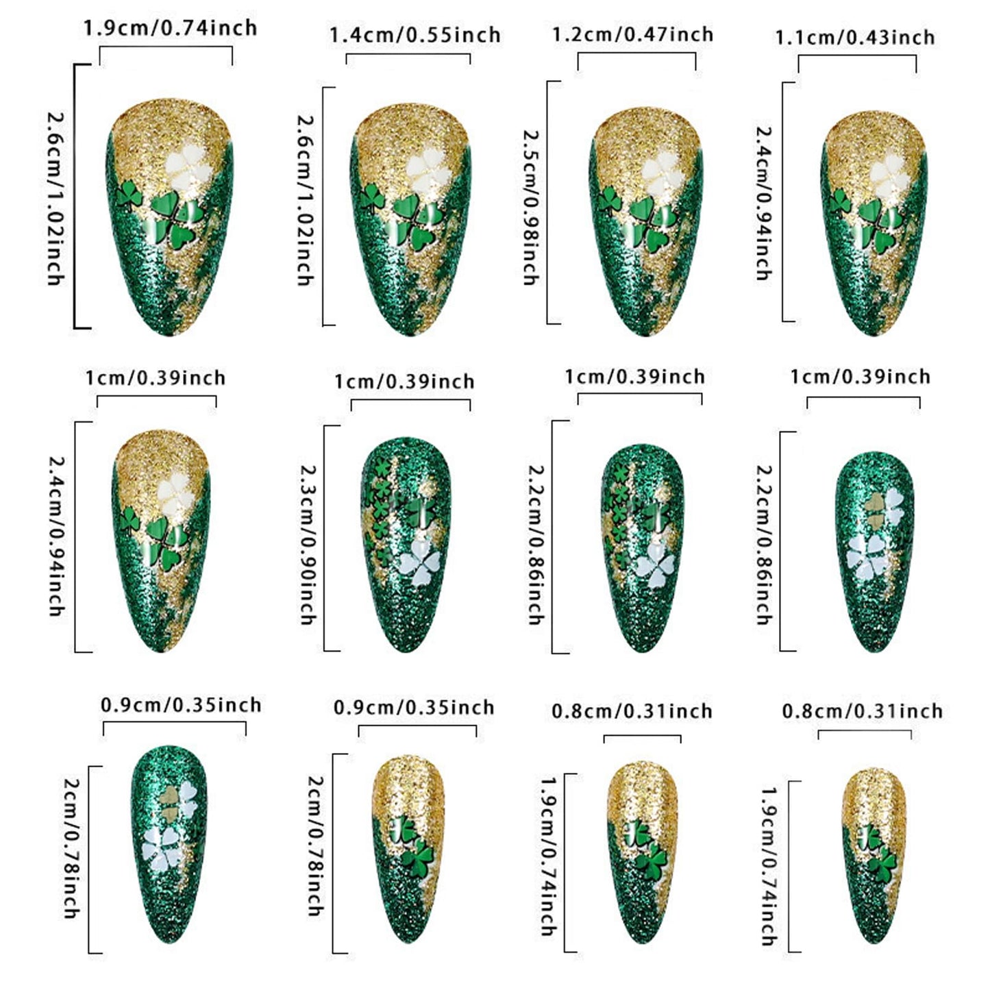 IMRAIN Press on Nails Medium Almond Fake Nails Green Golden Sequins, Clover Designs Glossy Glue on Nails Full Cover Stick on False Nails