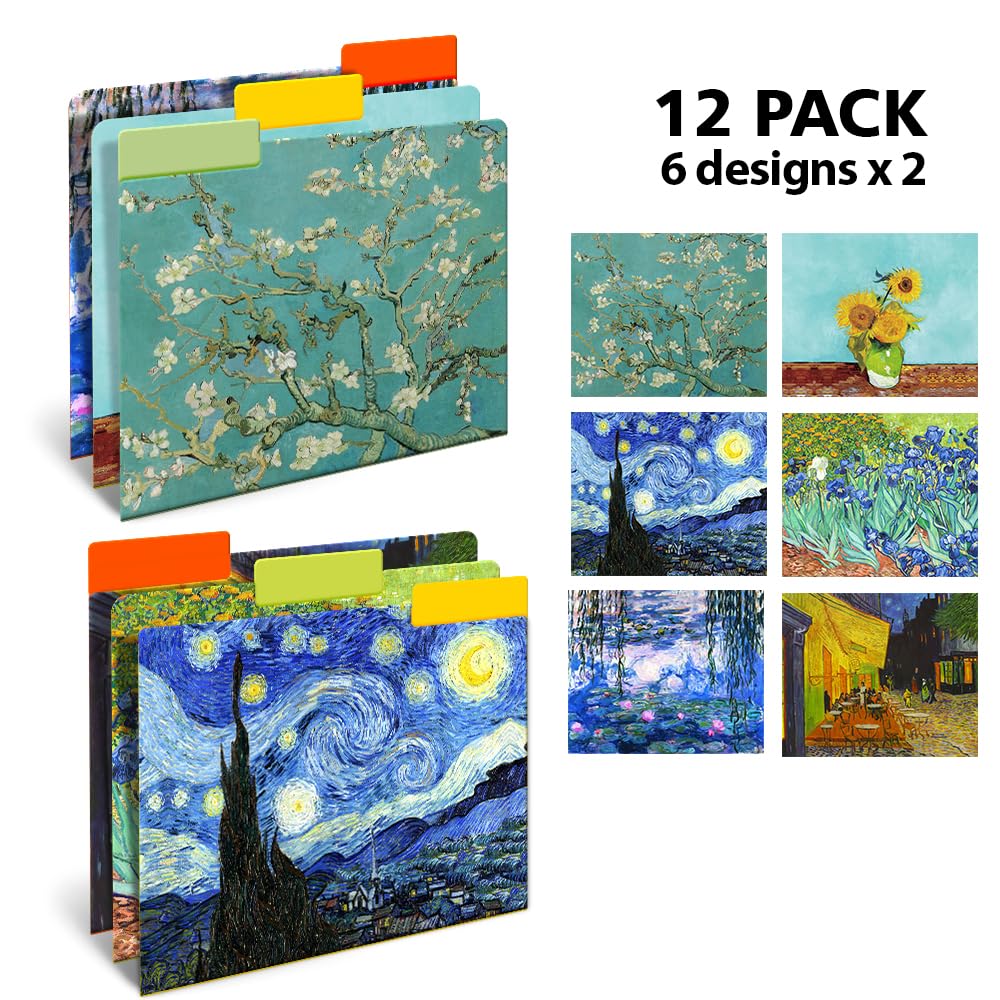 WIRESTER 12 Pack Decorative File Folders (9.5 x 11.5 Inch), Letter Size Holders for Office Supplies with 1/3 Cut Tab, 6 Fashion Designs - Famous Painting Van Gogh