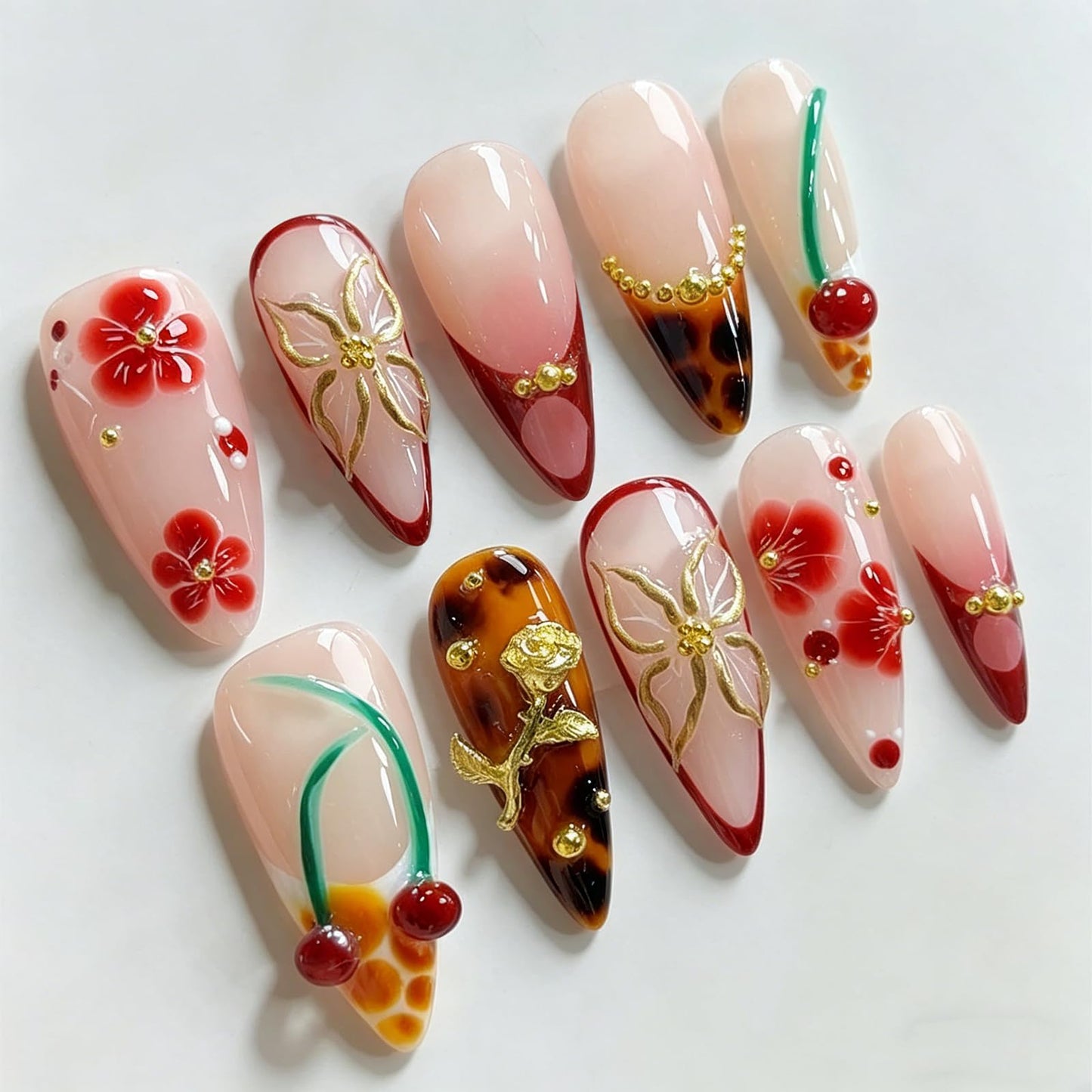 Luxury Press on Nails Long Almond Handmade 3D Unique Reusable ABS Material Fake Nails French Tip False Nails with Designs Flower Cherry Leopard Print Fall Glossy Glue on Nail Thick Acrylic Nail(S)
