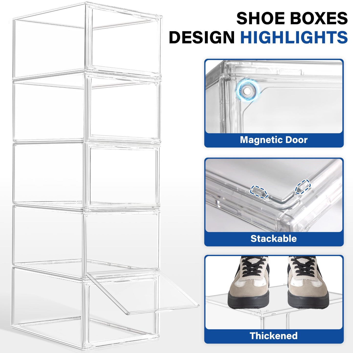 EZJOB 2 Pack Drop Front Shoe Boxes Acrylic Box Sneaker Case Size 12, Transparent Display Cases for Sneaker Collections, Baseball Caps, Hat Organizer Dust-free Shoe Cubbies Stackable Sneaker Boxes