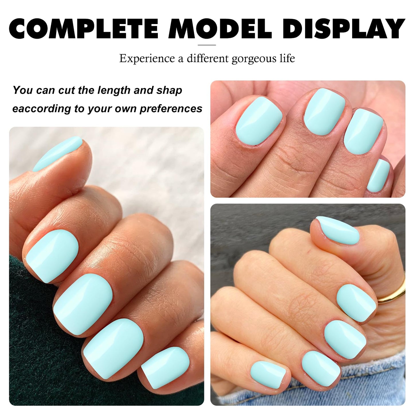 LuckForever Short Press on Nails 240pc Glossy Mint Blue Press on Nails Short Square Round Fake Nails Full Cover 10 Sheets Nail Adhesive Tabs,Small Wooden Sticks and Nail Files False Nails for Women