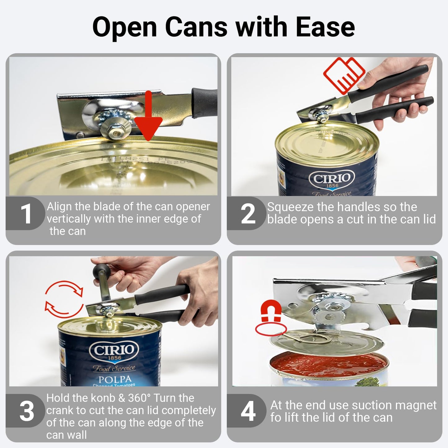 [Upgrade] Commercial Can Opener, Durable All-Steel Construction - RICKUNCL Hand Crank Can Opener with Magnet, Comfortable Extra-long Handles, Oversized Knob, Professional Ergonomic & Easy for Big Cans