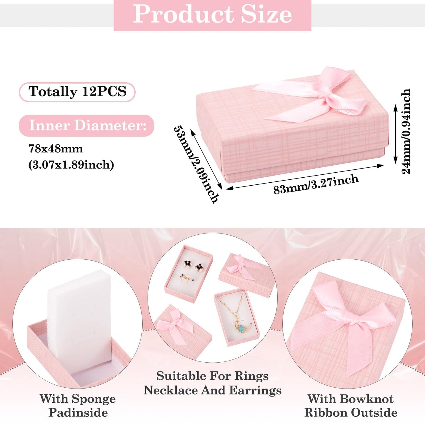 Craftdady 12 pcs Jewelry Gift Box Set Empty Packaging Cases with Bowknot Rectangle Cardboard Paper Jewelry Boxes with Lid for Necklaces Rings Earrings Pendants Displaying (Pink)