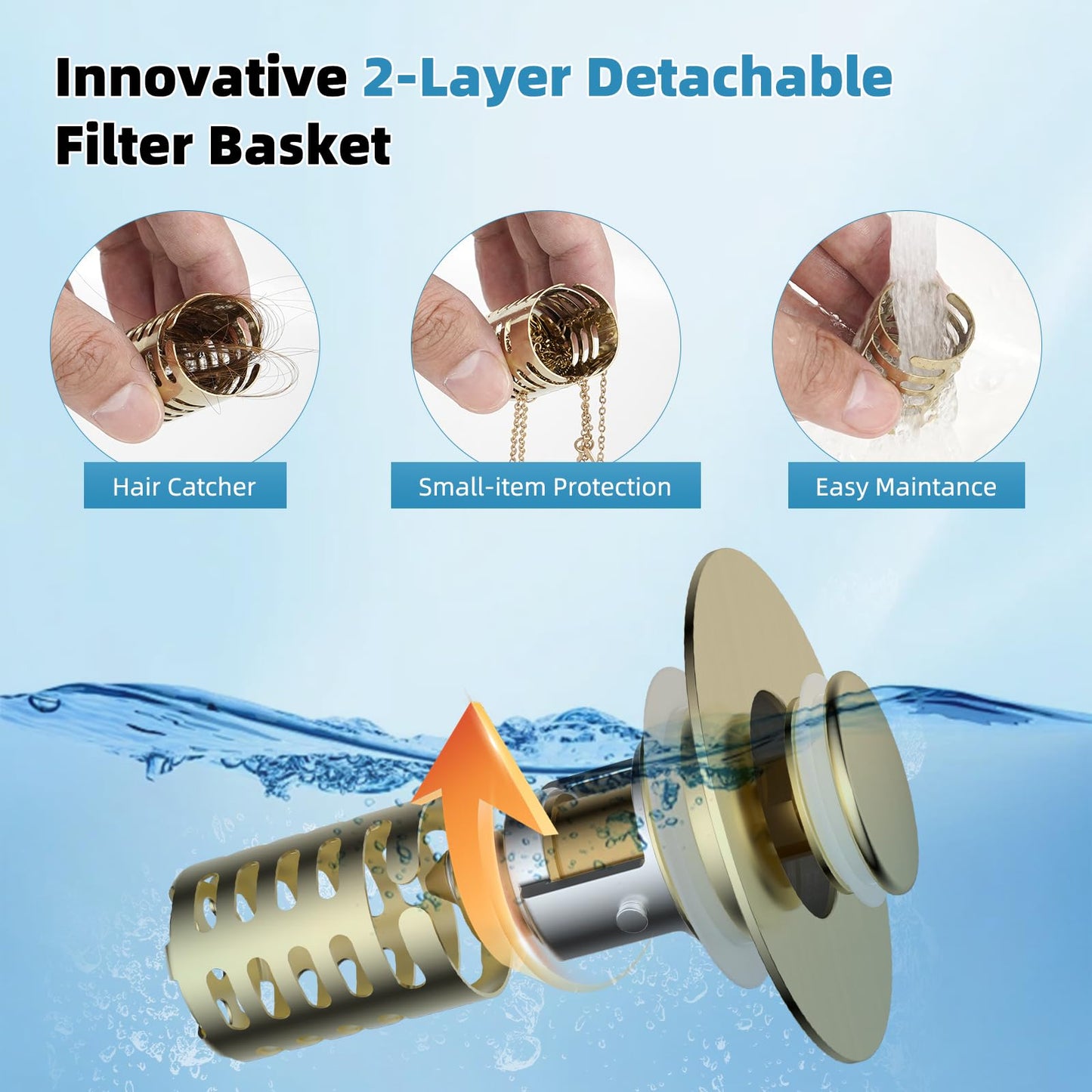 Upgraded Bathroom Sink Drain Strainer Hair Catcher 2PCS Universal 3 in 1 Pop-up Sink Stopper, Fit for 1.1''~2.36'' Basin Hole, with Detachable Stainless Steel Filter Basket, Brushed Gold