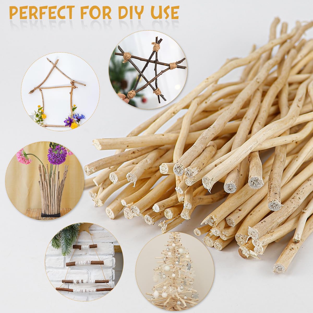 50Pcs Natural Twigs, Driftwood Branches for DIY Crafts, Unfinished Timber Rods for Model Making, Home Decor & Art Supplies (30cm/11.8in)