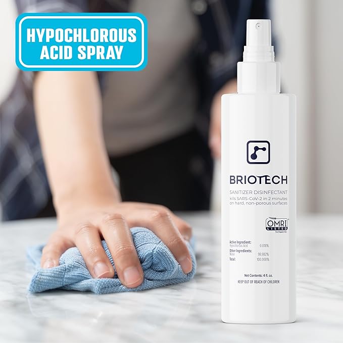 BRIOTECH Sanitizer Disinfectant Hypochlorous Spray, Kill 99.99% of Viruses & Bacteria, Control Mold, Eliminate Odor, Gentle for Nursery & Play Rooms, Food Contact Surface Sanitizer, 4 fl oz