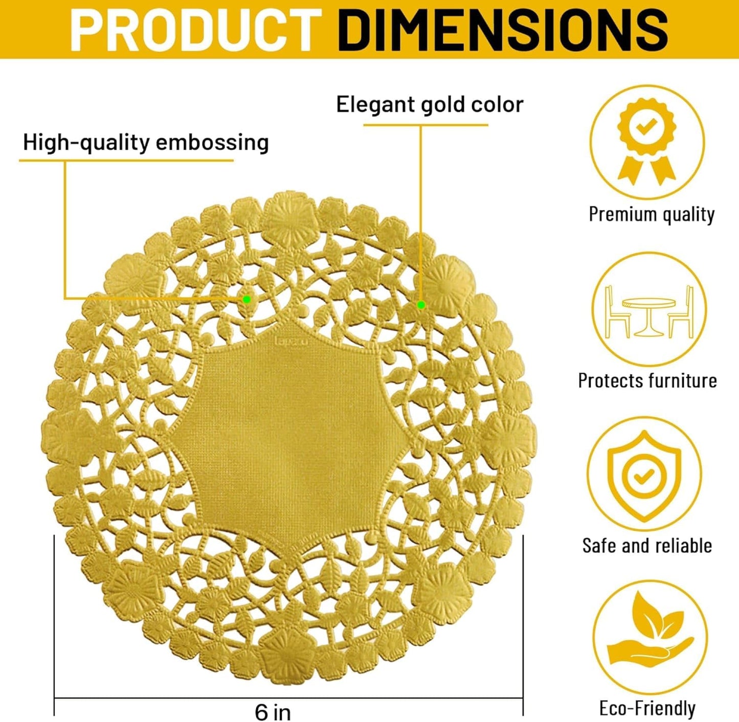 The Baker Celebrations Gold Foil 6-Inch Paper Lace Doilies – 100-Pack Decorative Round Placemats for Table Setting, Baking, Crafts – Made in Canada