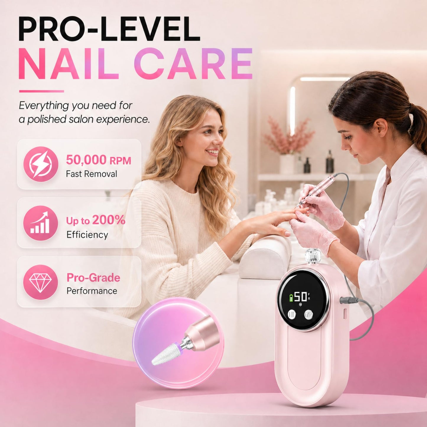 FLORAVIC High Speed Nail Drill for Acrylic Removal, 50,000 RPM Pro E-File with LCD, Bits Kit & Anti Slip Pad, MG101L Quick Gel Removal, Precise Shaping, Portable for Nail Art Practice & Salon Use
