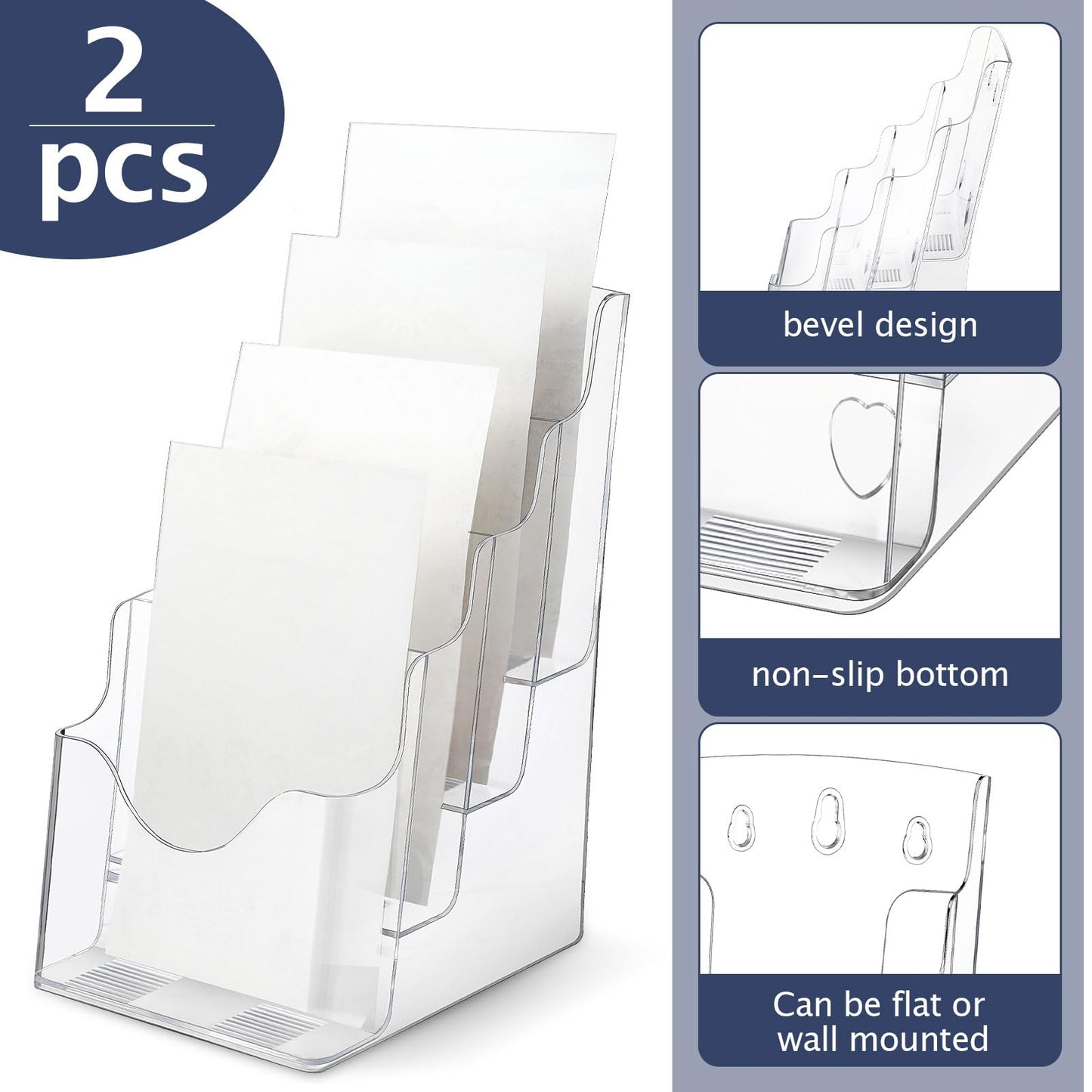 Crtiin 2 Pack 4 Tier Acrylic Brochure Holder Display Stand 6 x 9 Inch, Pamphlet Organizer Flyer Literature Clear Plastic Wall Mount Countertop for Classroom Booklets Magazines Office Home