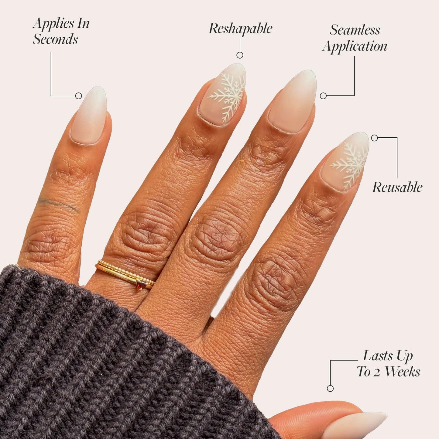 Glamnetic Press On Nails - Snowdrift | Opaque Gradient Ombre & Snowflake Graphic Short Almond Fake Nails in a Matte Finish, Salon Quality | 15 Sizes - 30 Nail Kit