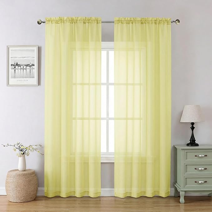 Lecloud Goose Yellow Sheer Curtains 84 Inches Long 2 Panels, Light Filtering Rod Pocket Bedroom Curtains, Airy Voile Farmhouse Window Drapes for Living Room Dining Room, Each Panel 42" W x 84" L