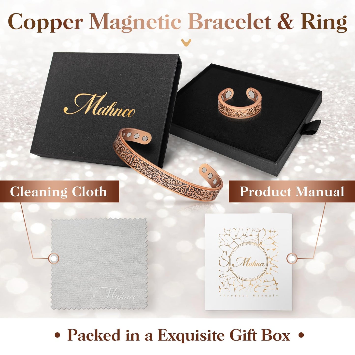 Mahnco Copper Bracelets for Women & Lymphatic Drainage Ring, Magnetic Lymph Detox Ring and Magnetic Copper Bracelet, 100% Solid Pure Copper Jewelry Gift