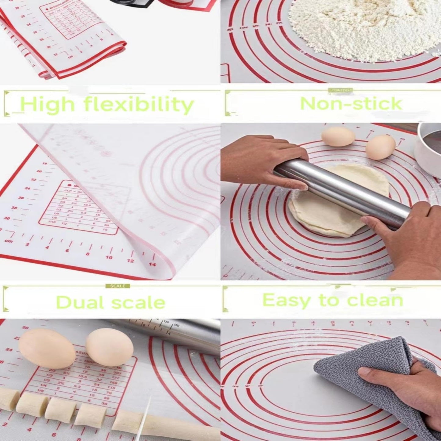 Rolling Pin with Adjustable Thickness Rings and Silicone Baking Pastry Mat Set for Baking,Stainless Steel Dough Roller,Baking Supplies for Cookie Fondant Pizza Cake Pasta(Red)