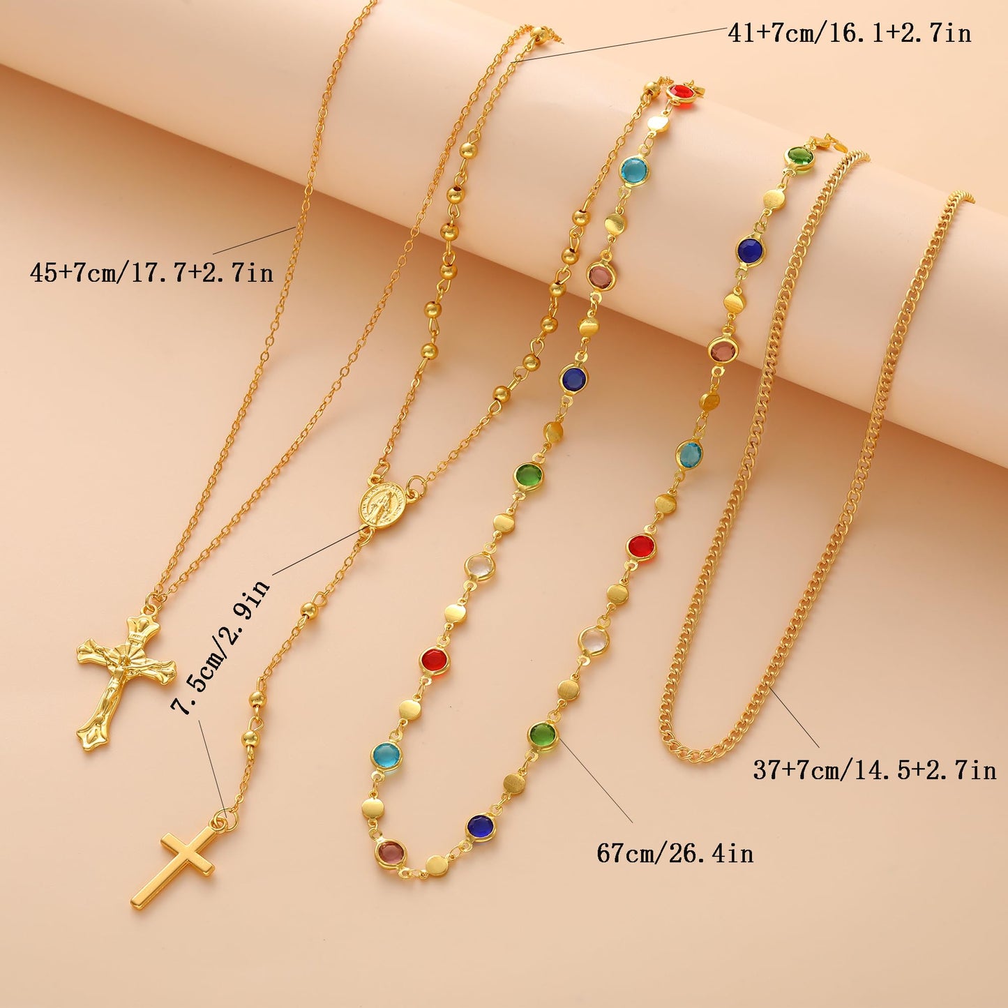 4PCS Layered Gold Cross Necklaces for Women Trendy, Bohemian Bead Pearl Y Long Pendant Necklace Set, Vintage Rosary Necklace Stack Adjustable Length