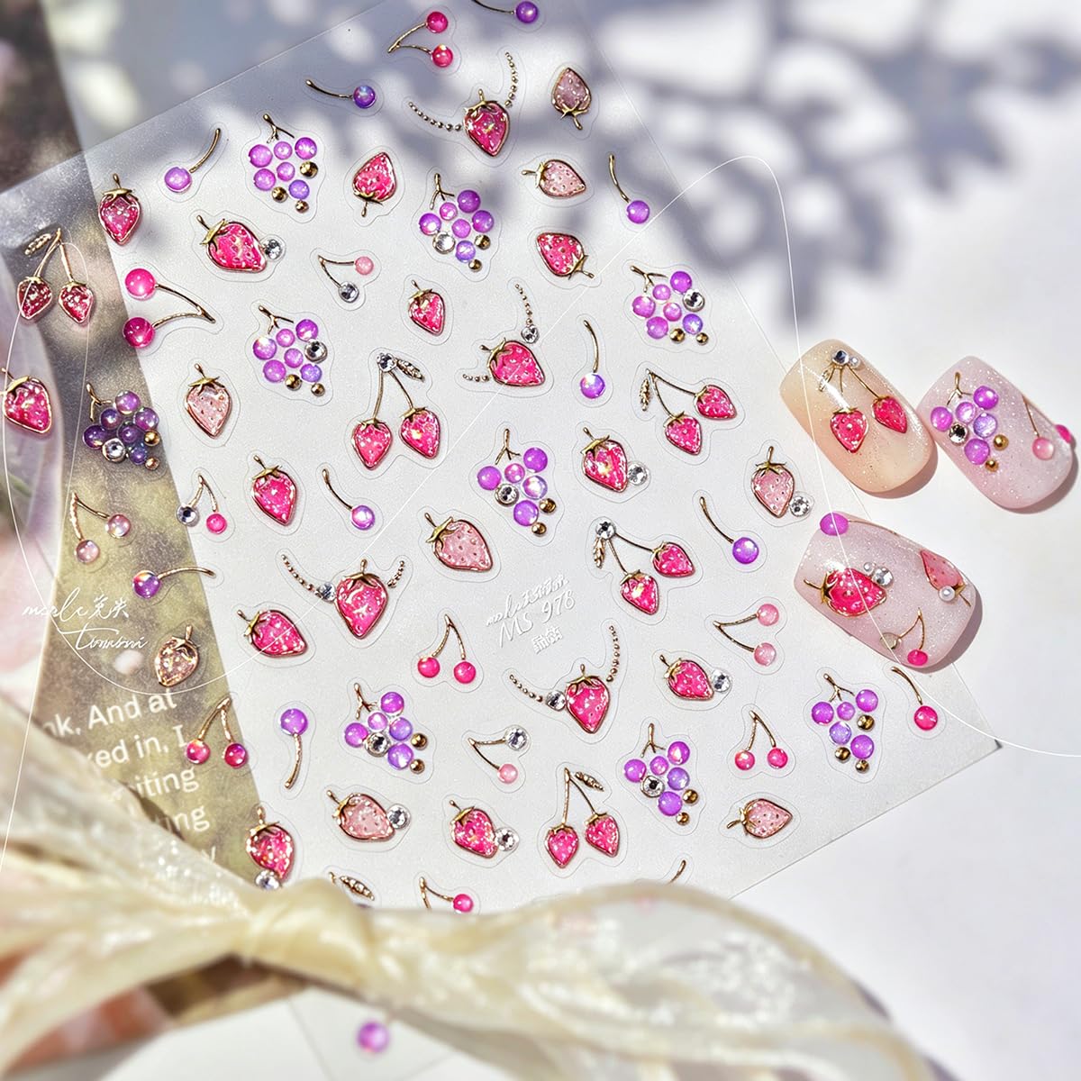 5D Embossed Fruit Nail Stickers Gold Chain Rhinestone Nail Decals Luxury Self-Adhesive Cute Fruit Y2K Nail Art Stickers for Women Girls DIY Manicure Decor, 1 Sheet