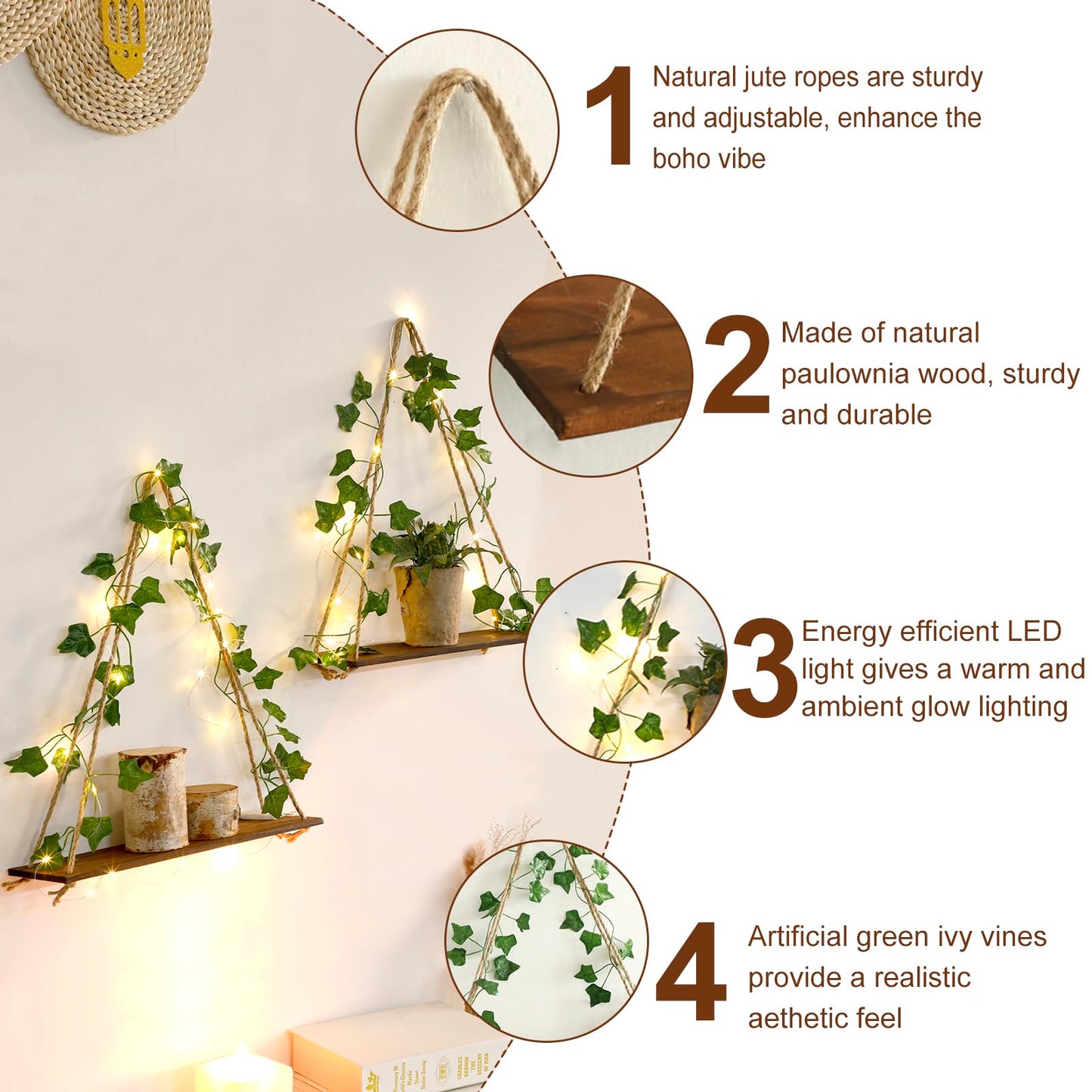 Artilady 2 Pack Artificial Ivy Wall Hanging Shelves Boho Floating Shelves Wall Decor, Adjustable Rustic Wood Shelf with LED Light Storage Rack Macrame Plant Shleves Holder for Bedroom