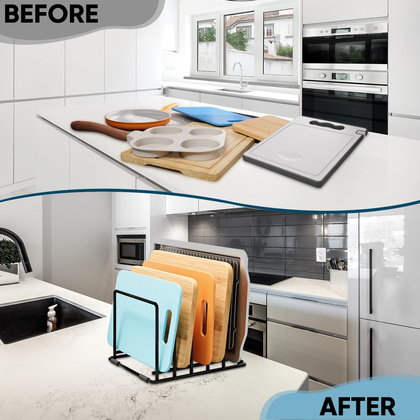 SAGLAU 2-Pack Cutting Board Organizer, 5-Slot Steel Kitchen Storage Rack for Cutting Boards, Baking Trays, and Thin Pans - Compact Clutter-Free Solution