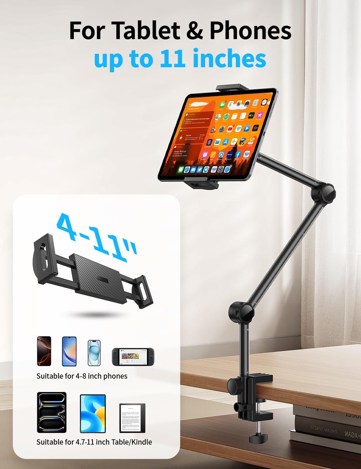 OMOTON Tablet Stand Mount for Desk, Adjustable Phone Holder for Bed with Metal Arm Fits for 4.7-11 Inches iPad Pro, Air/Mini, Kindle and Phones